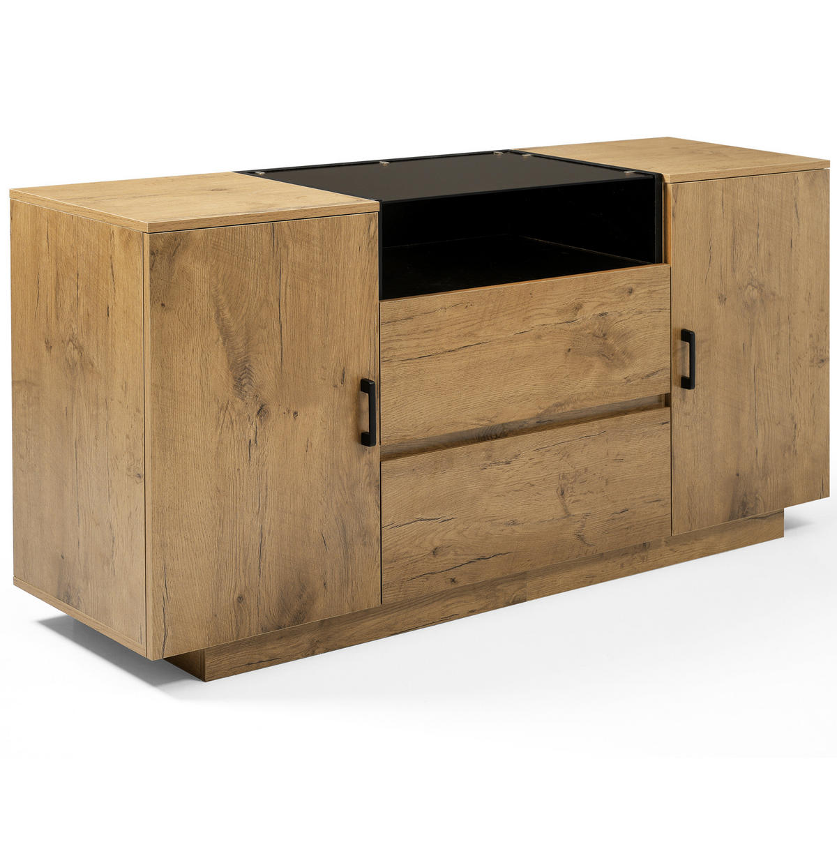 SIDEBOARD 140/40/70 cm in Eiche mit 2 Schubladen, ESG-Glas und offenen Fächern - Eichefarben, Glas (140/70/40cm) - Flora Grace