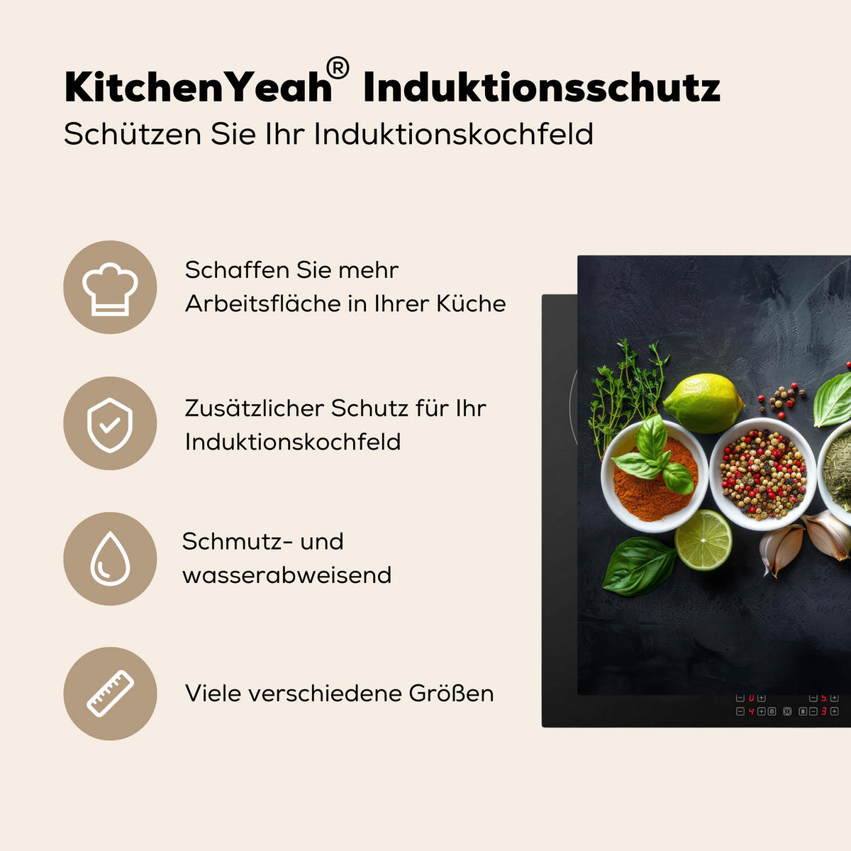 HERDABDECKPLATTE Kräuter - Gewürze - Konkrete Optik - Stilleben Ceranfeldabdeckung 85x52 cm - Multicolor, Kunststoff (85/52/0.2cm) - MuchoWow