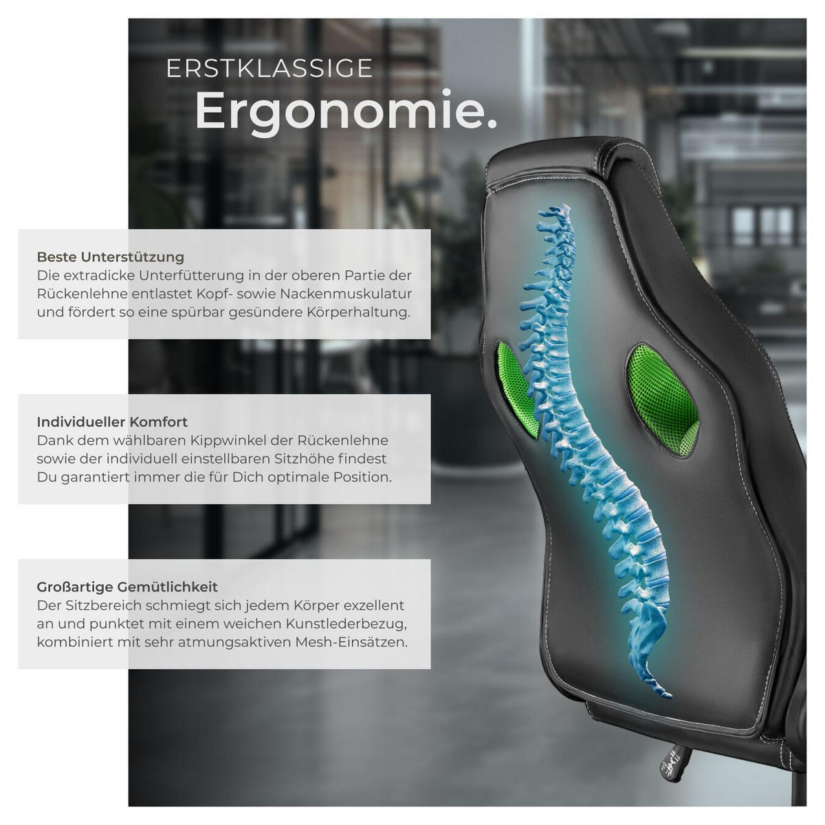 BÜROSTUHL Mike,stufenlos höhenverstellbar,schwarz/grün - Schwarz/Grün, Leder (68/114.5/69cm) - tectake