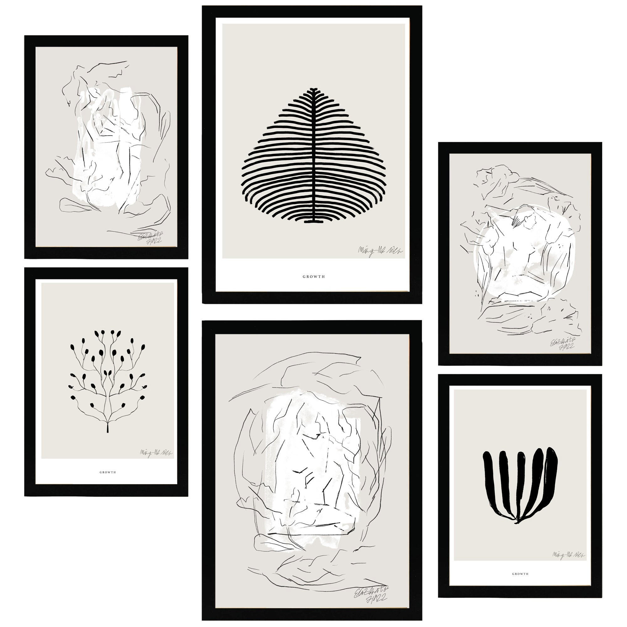 POSTER Set Mit 6 Schwarze & Beige Abstrakte Kunst A3 & A4 Schwarzer Rahmen - Schwarz, Papier (29/3cm) - Nacnic