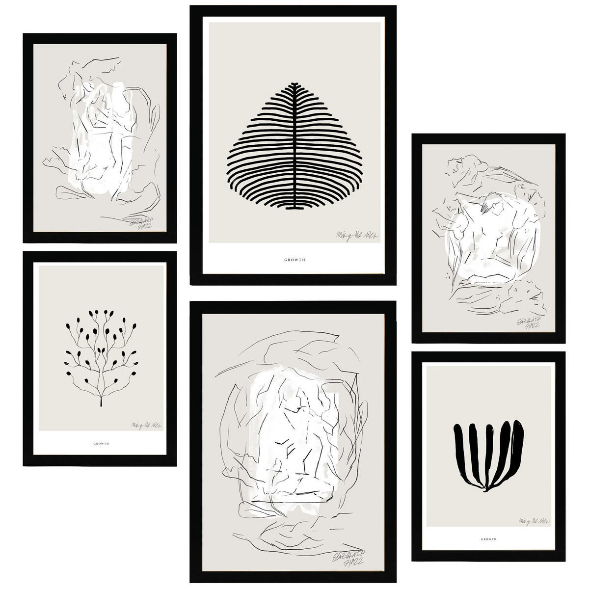 POSTER Set Mit 6 Schwarze & Beige Abstrakte Kunst A3 & A4 Schwarzer Rahmen - Schwarz, Papier (29/3cm) - Nacnic