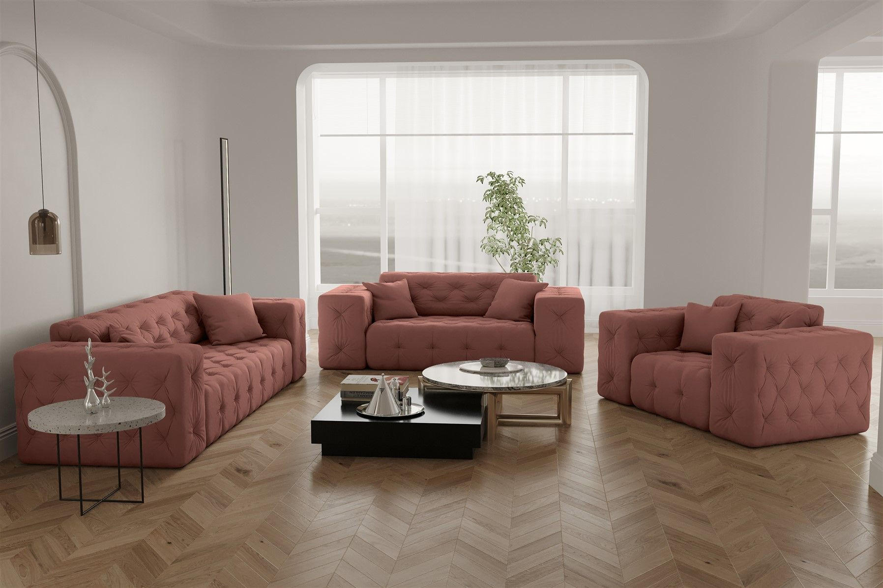 SOFASET Chantal - Rosa, Holzwerkstoff/Textil (251/78/96cm) - Fun Möbel