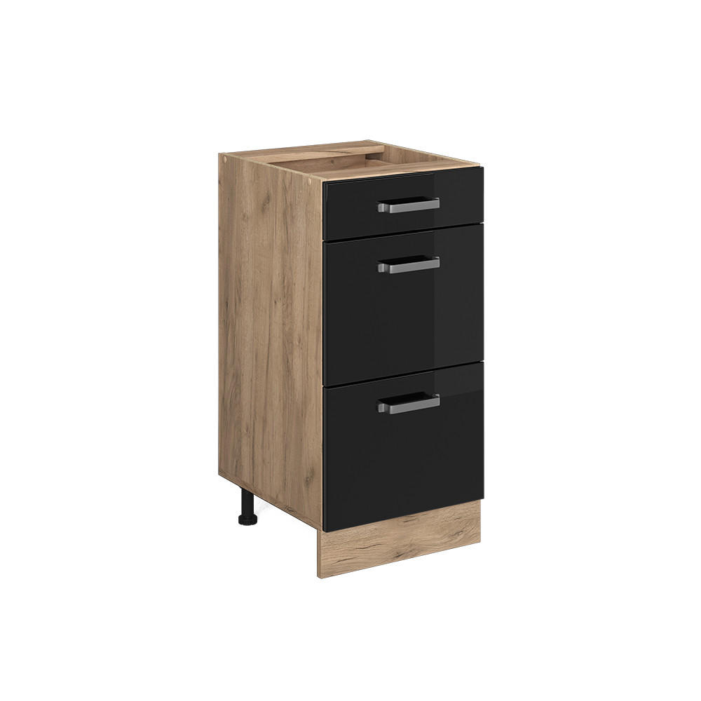 KÜCHENUNTERSCHRANK R-Line Schwarz Hochglanz 40 cm mit Schubladen, ohne AP - Honigeiche/Schwarz Hochglanz, Holzwerkstoff (40/81.6/46cm) - Vicco