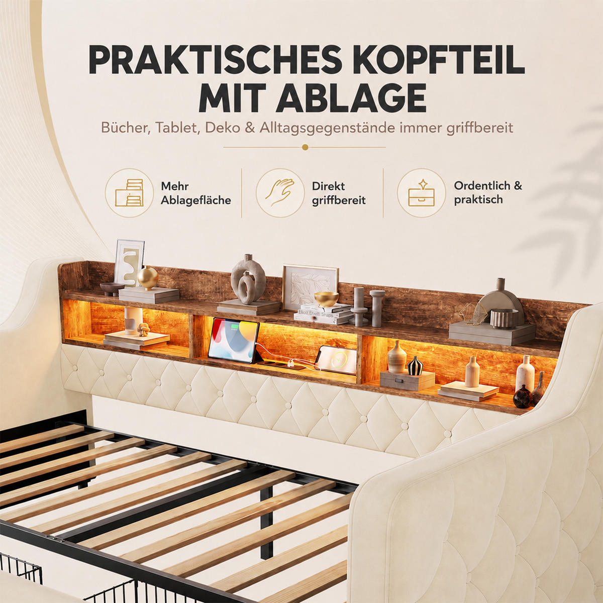 TAGESBETT 90/190 mit Schubladen & Regal, USB-C Ladeanschlüsse/LED, Samt, Beige - Beige, Holz (90/190cm) - LVHOM