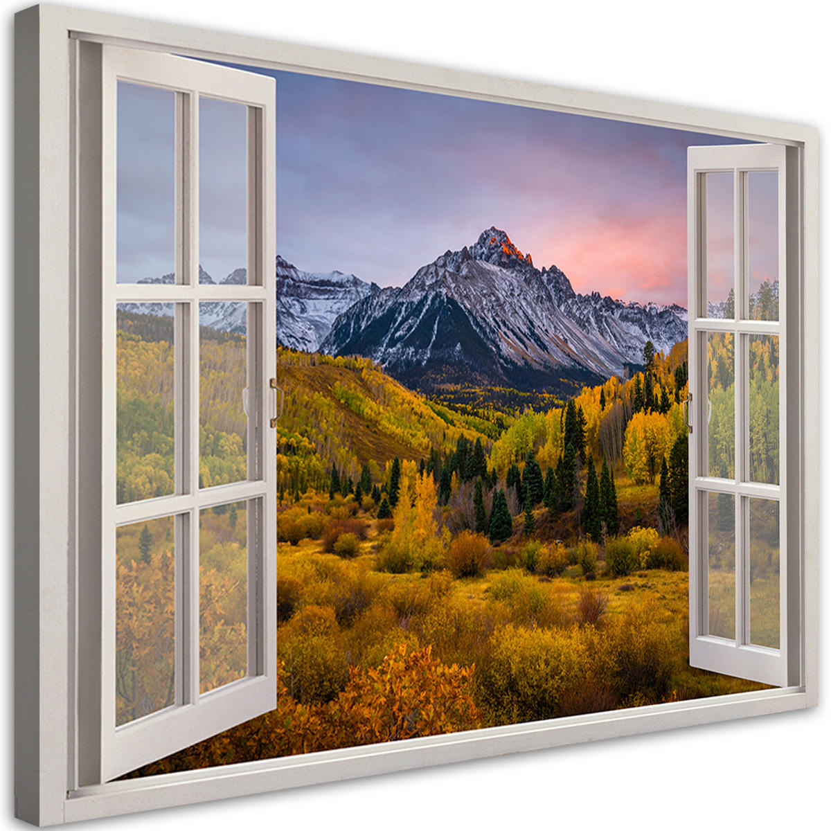 WANDBILD fensterblick berge wald natur - Gelb, Textil (60/40cm) - Feeby