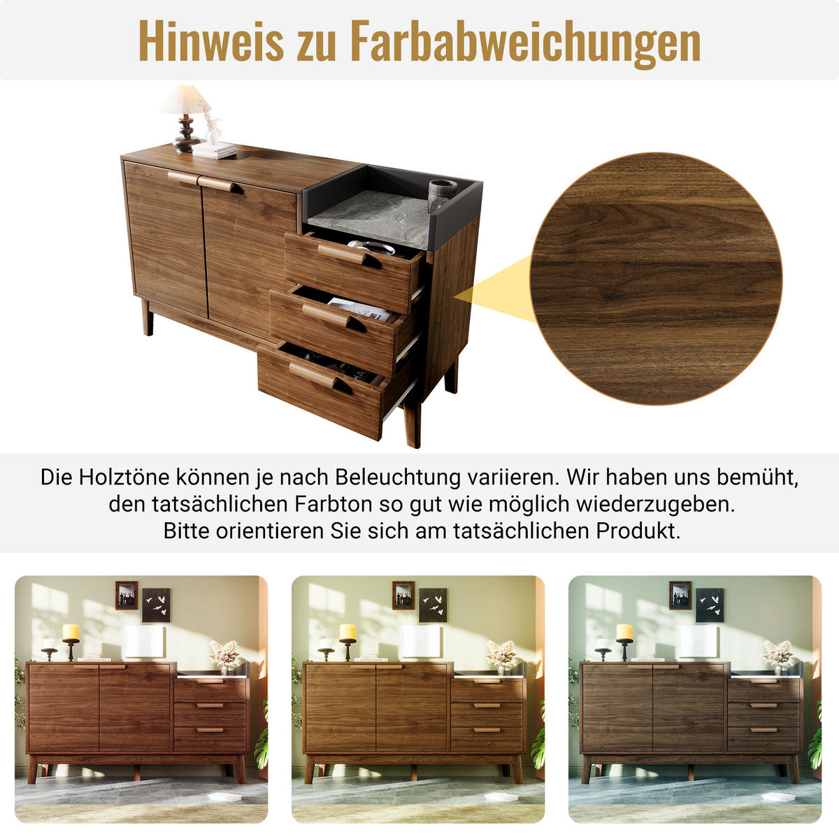 SIDEBOARD Holzoptik Braun, mit 2 Türen, 3 Schubladen und offenem Ablagefach, 120/40/77 cm - Nussbaumfarben, Holzwerkstoff (120/77/40cm) - WISHDOR