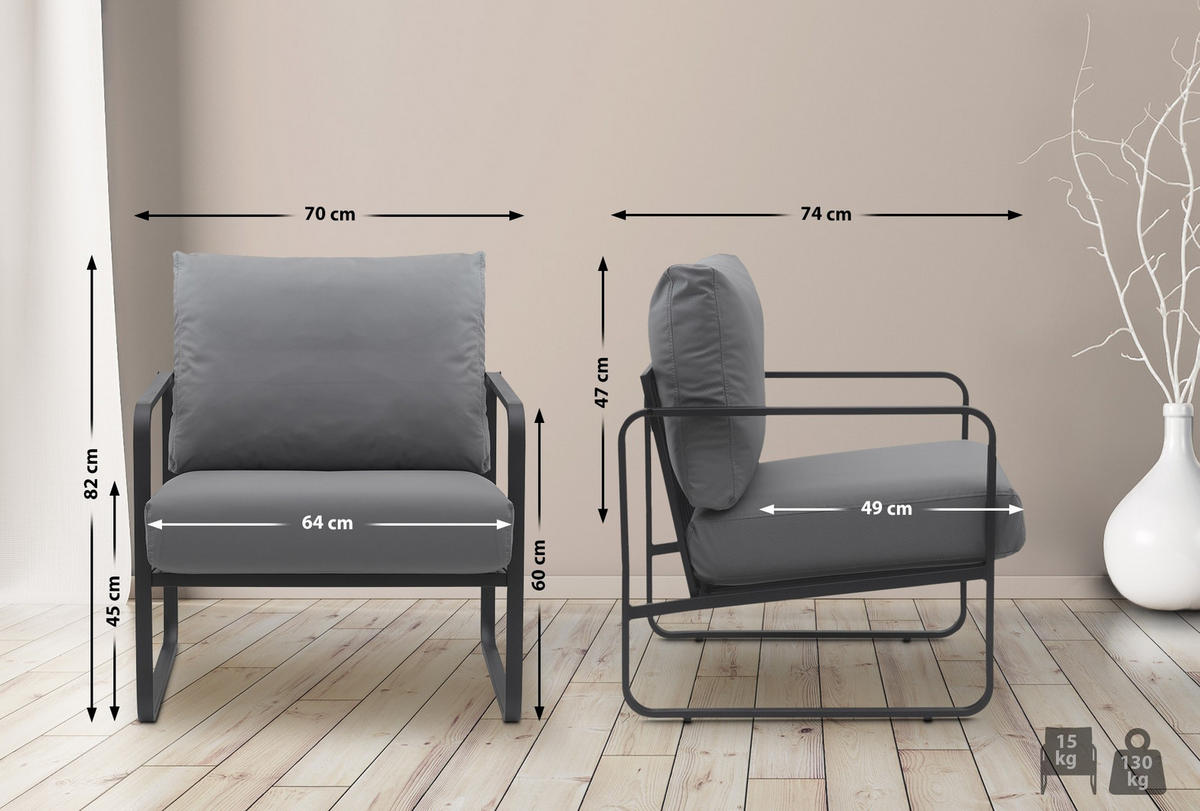 SESSEL Lederlook grau - Schwarz/Grau, Textil/Metall (70/82/74cm) - CLP