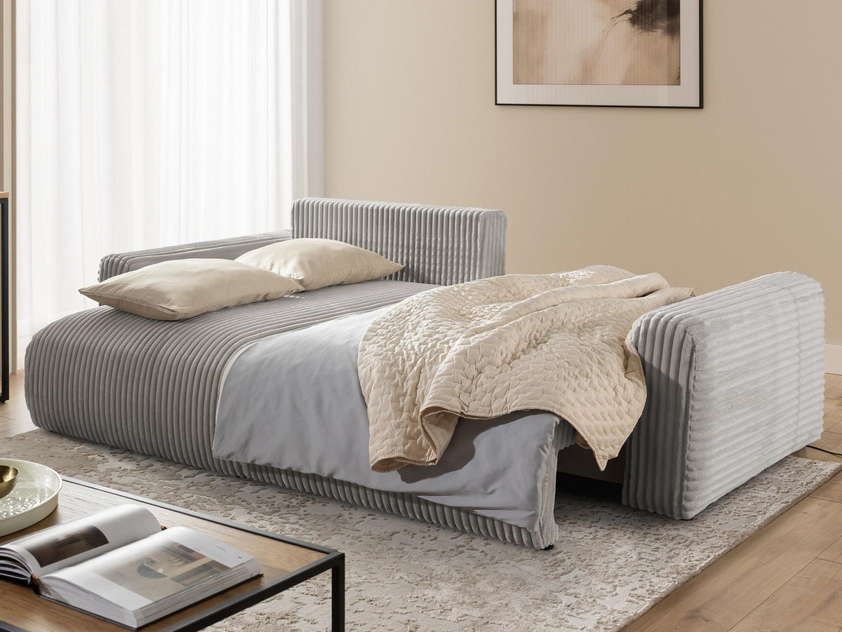 ECKSOFA Calma mit Schlaffunktion und Bettkasten im Bumpy-Design aus weichem Taupe Plüschcord - Ottomane links - Taupe/Schwarz, Holz/Kunststoff (239/140cm) - S-Style
