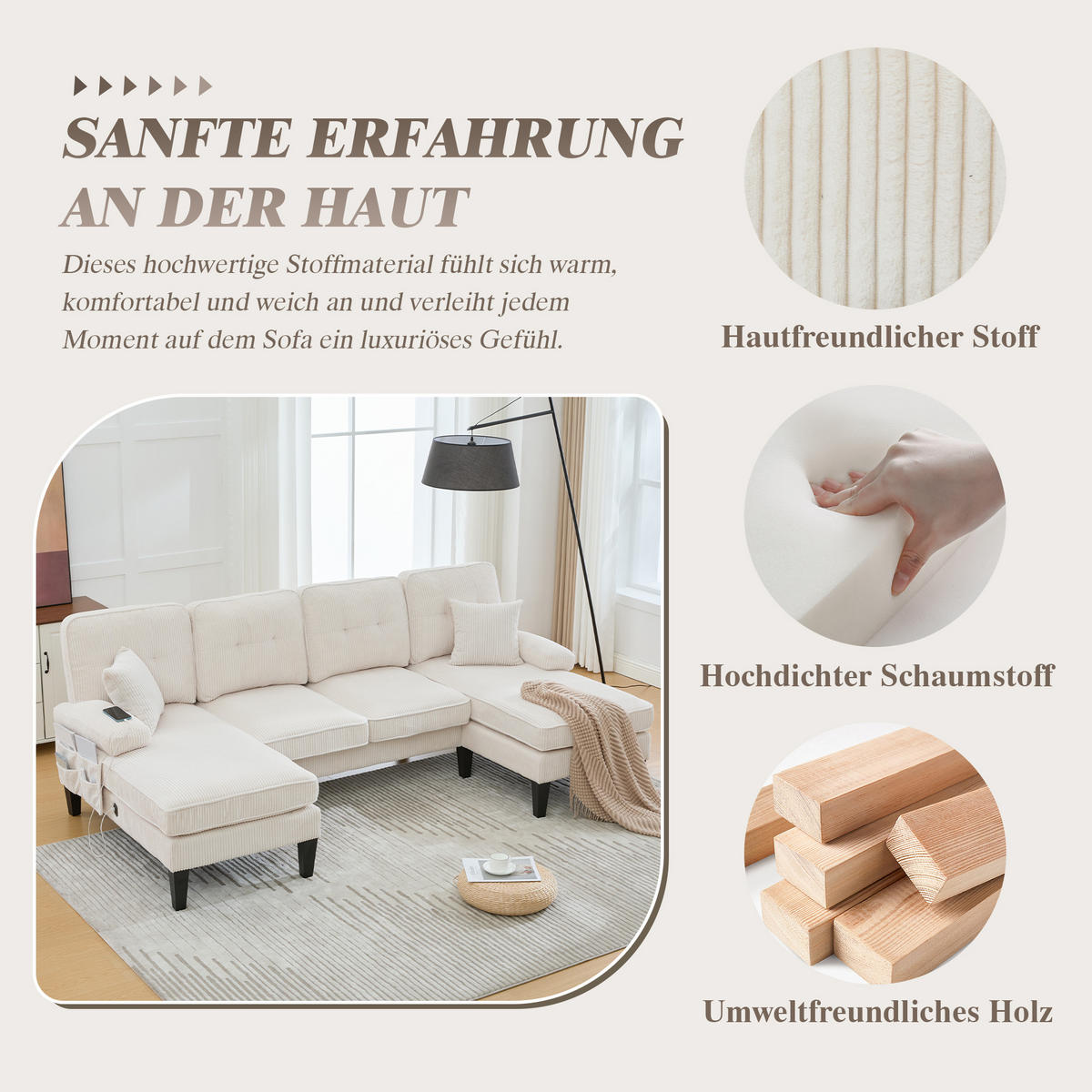 WOHNLANDSCHAFT 250/130/88 cm Beige mit Aufbewahrungsfach und USB/Type-C-Ladeanschluss - Beige, Textil (250/88/130cm) - Oxeza