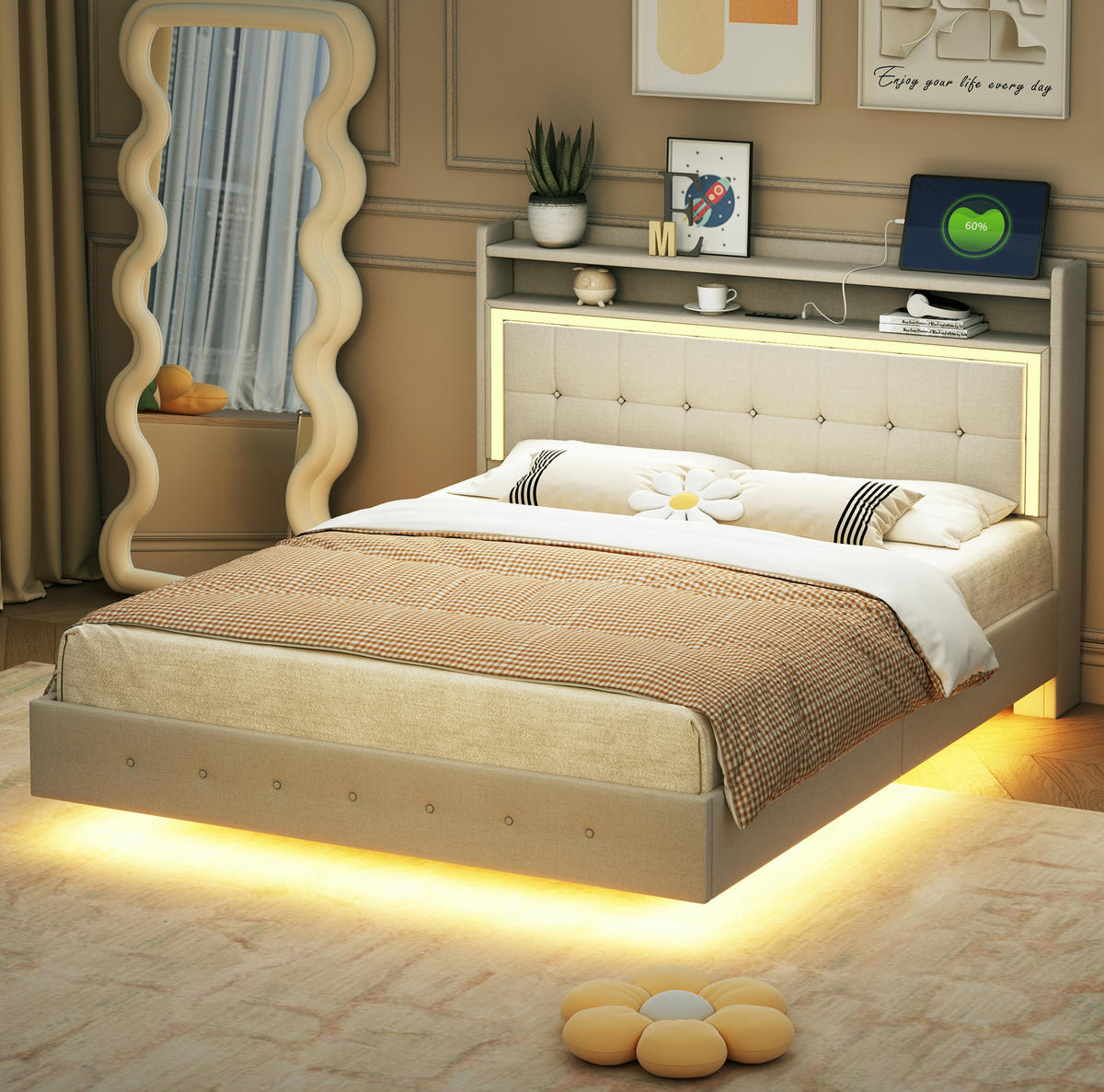 ČALOUNĚNÁ postel 140/200 cm béžová z látky s USB zásuvkou a LED osvětlením - béžová, textil (140/200cm) - OKWISH