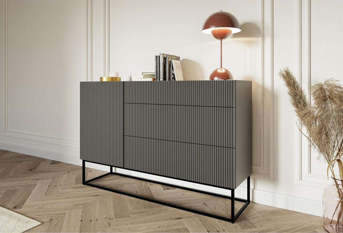 SIDEBOARD Veldio Schwarz mit Schubladen und schwarzen Beinen 140 cm - Schwarz, Holzwerkstoff/Metall (140/90/38cm) - Selsey