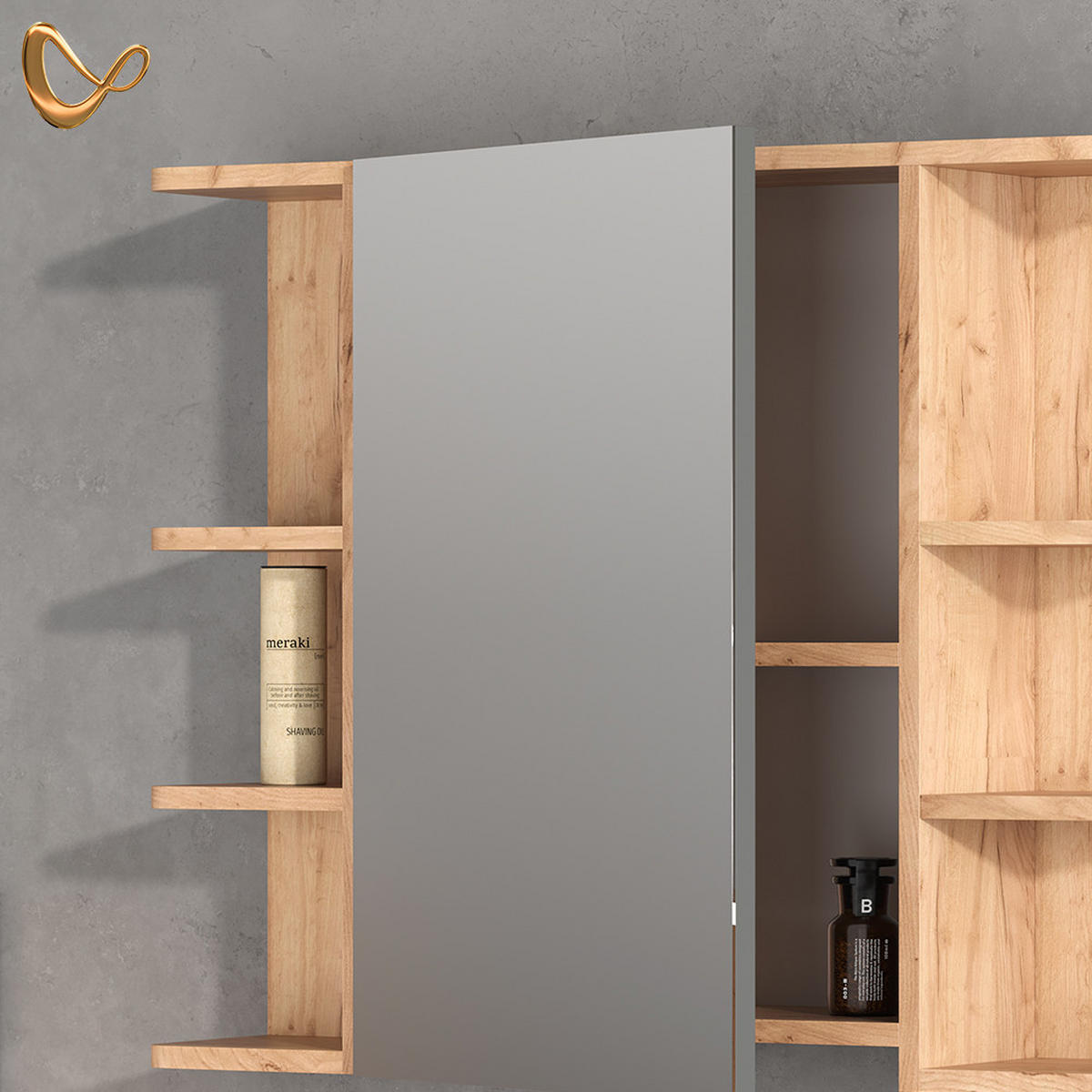 BADMÖBEL-SET Fucino Goldkraft Eiche 3 Teile, mit Midischrank Tür klein - Anthrazit/Eiche Wotan, Holzwerkstoff (80/130/32cm) - Livinity®