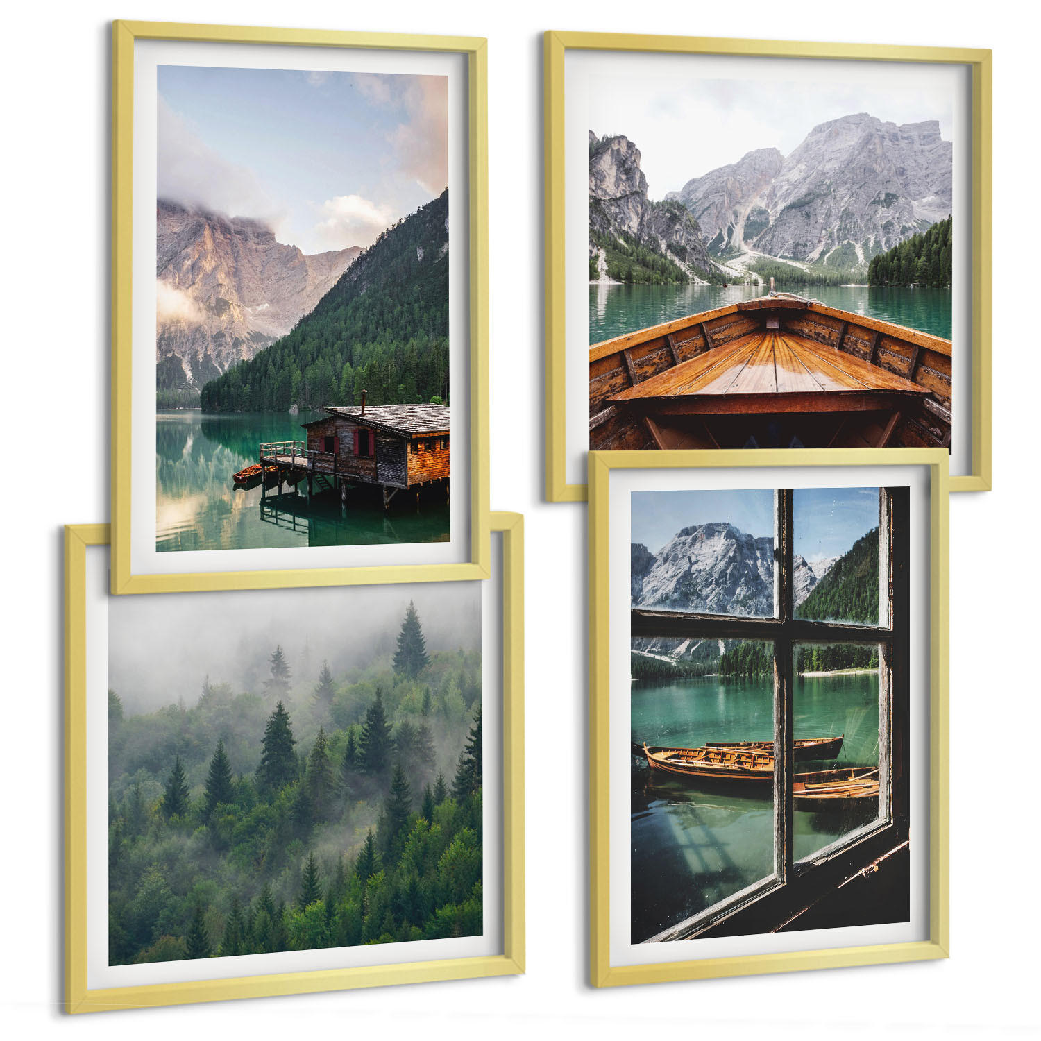 BILDER SET 4er Set - 50x50 cm & 40x60 cm Goldrahmen - Hütten am Bergsee Łódź - Goldfarben, Kunststoff (50/50cm) - TULUP