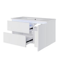WASCHTISCHUNTERSCHRANK 91x46.5x50.5 cm Weiß aus Keramik & Spanplatte mit Radarsensor-LED & 2 Schubladen - Weiß, Holzwerkstoff (91/50.5/46.5cm) - Modfu