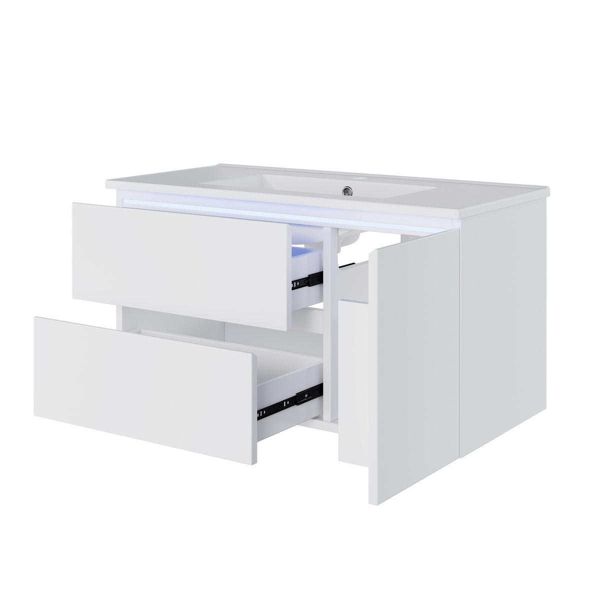 WASCHTISCHUNTERSCHRANK 91x46.5x50.5 cm Weiß aus Keramik & Spanplatte mit Radarsensor-LED & 2 Schubladen - Weiß, Holzwerkstoff (91/50.5/46.5cm) - Modfu