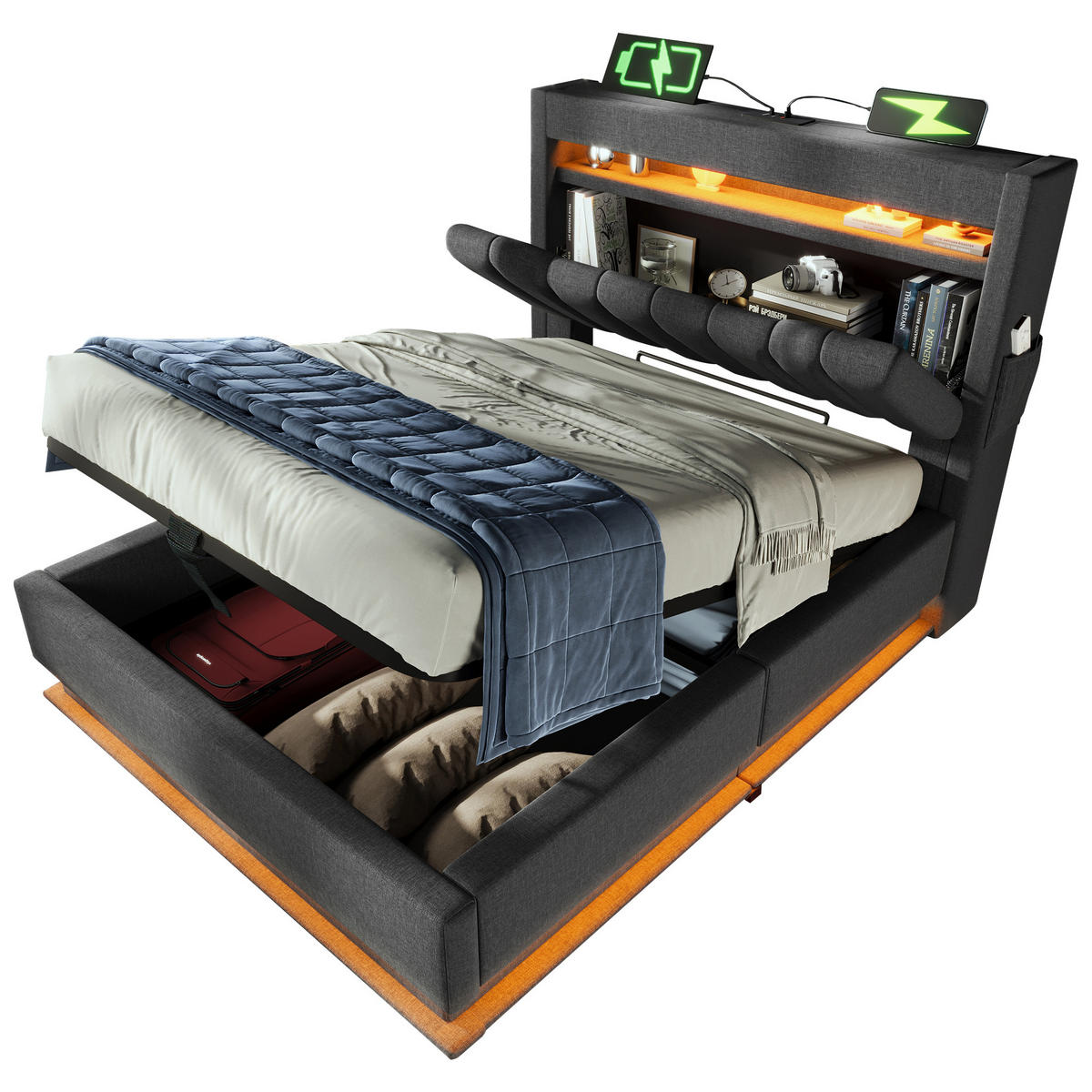 POLSTERBETT 90/200 cm Grau aus Leinen mit LED, USB/Typ-C und Bettkasten mit Matratze - Grau, Textil (90/200cm) - OKWISH