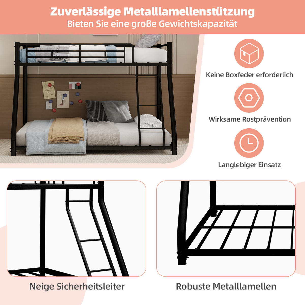 ETAGENBETT Twin-over-Full Metall - Schwarz, Metall (140/190cm) - ComfortXL