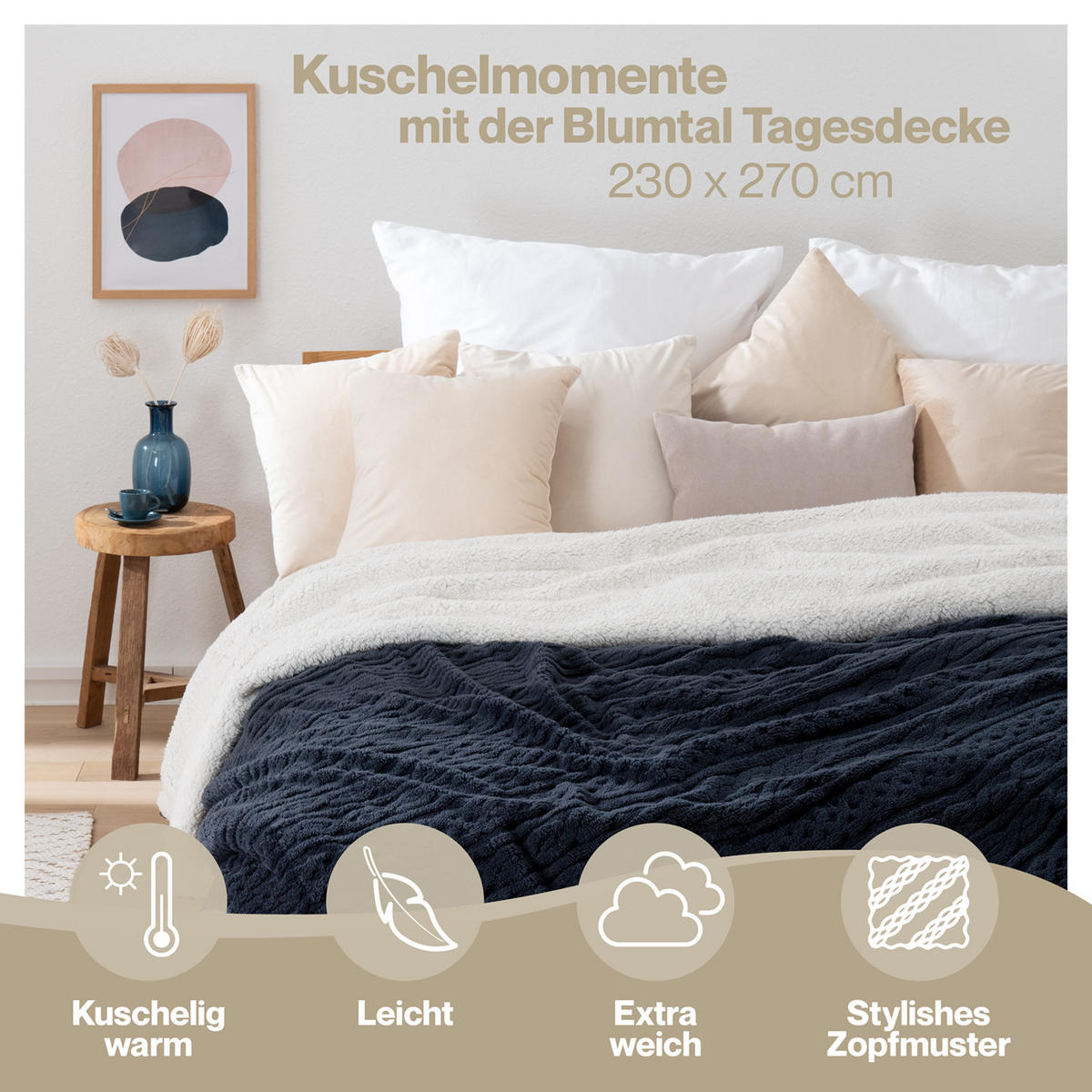 KUSCHELDECKE 230/270 cm, Dunkelblau & Beige - Dunkelblau/Sonoma Eiche, Textil (230/270cm) - Blumtal