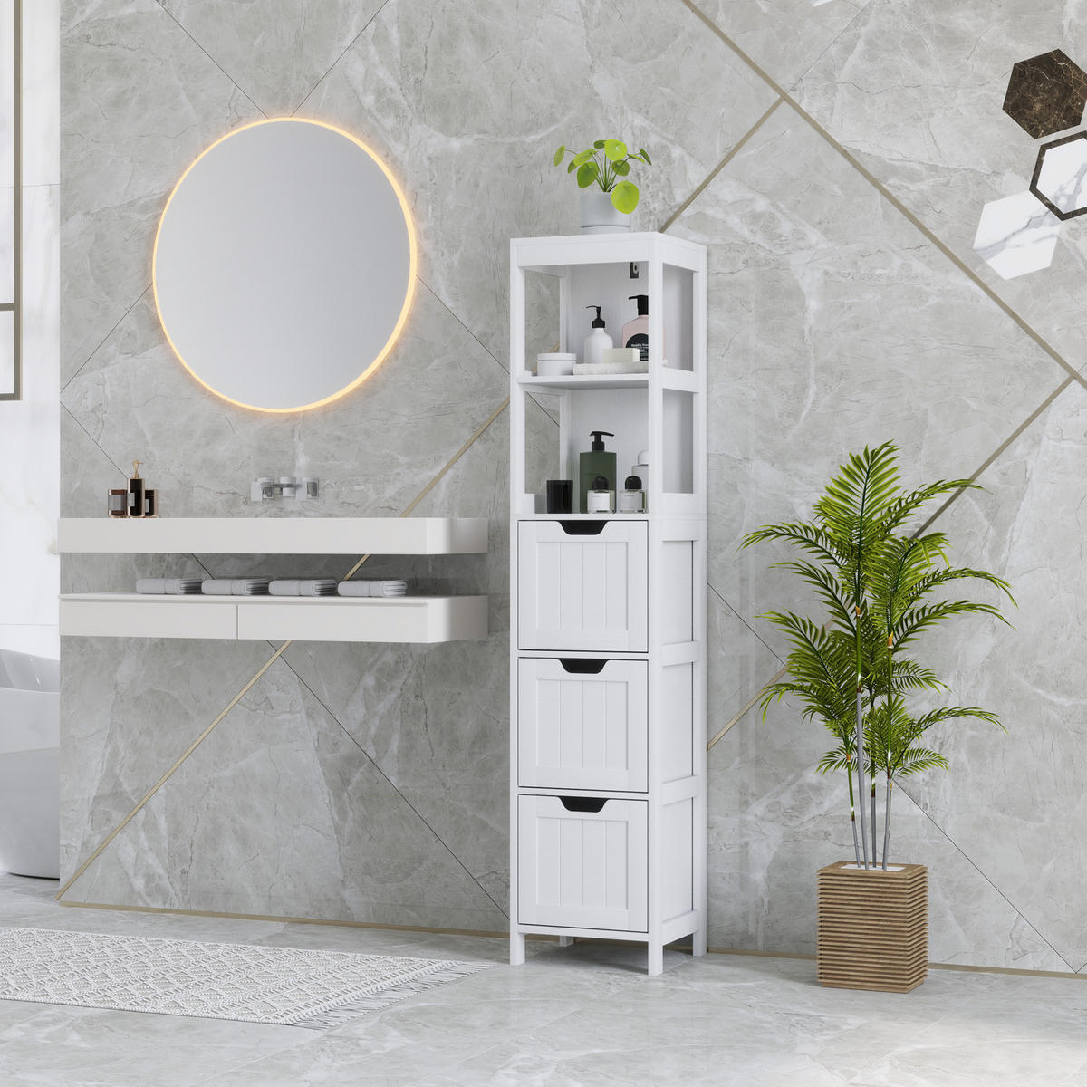 BADEZIMMERSCHRANK Badschrank Bad Hochschrank mit 3 Schubladen, 2 offenen Fächern - Weiß, Holz (30/142.4/30cm) - HOMCOM