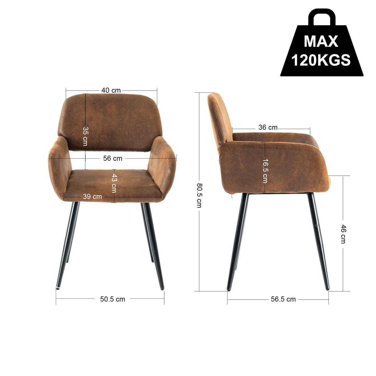 ESSZIMMER SET – 1 Tisch + 4 Stühle – Holzoptik & Wildleder - Braun, Holzwerkstoff/Metall (120/75/80cm) - Urban Meuble