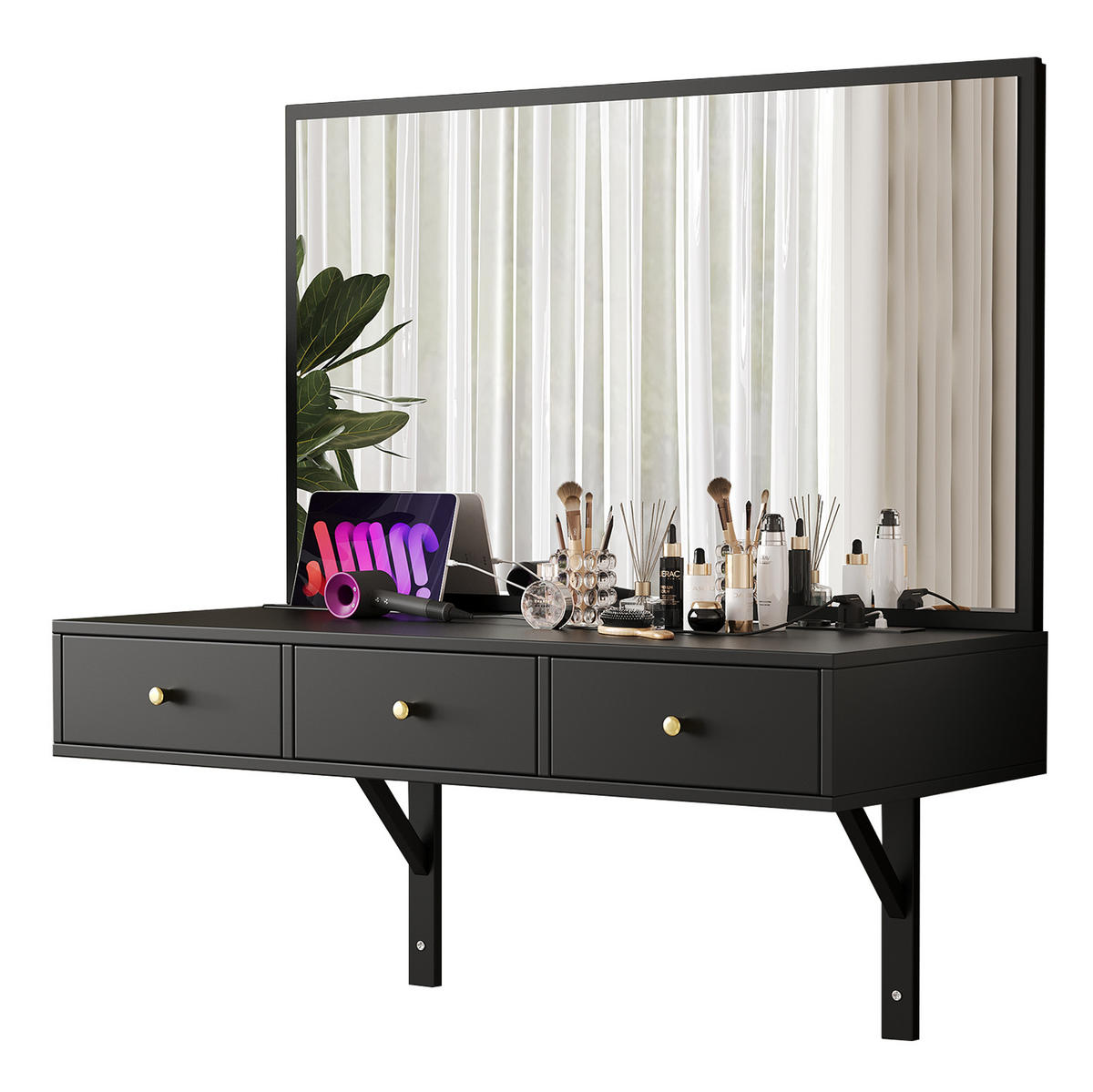 SCHMINKTISCH 100/105/45 cm schwarz mit 3 Schubladen und Steckdosen - Schwarz, Holzwerkstoff (100/105/45cm) - OKWISH