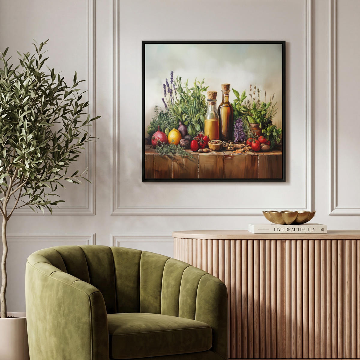 LEINWAND Bilder mit Rahmen - Stilleben - Kräuter - Gewürze - Früchte - Farbenfroh - 50x50 - Grün, Textil (50/50cm) - MuchoWow