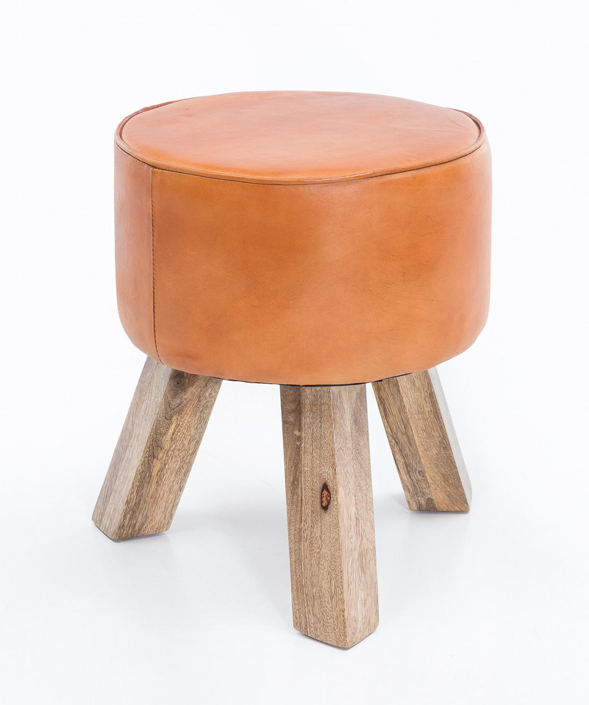 SITZHOCKER – Ziegenleder/Holz, 45 cm, Country-Stil - Braun, Mangoholz/Leder (37/45/37cm) - KADIMA DESIGN