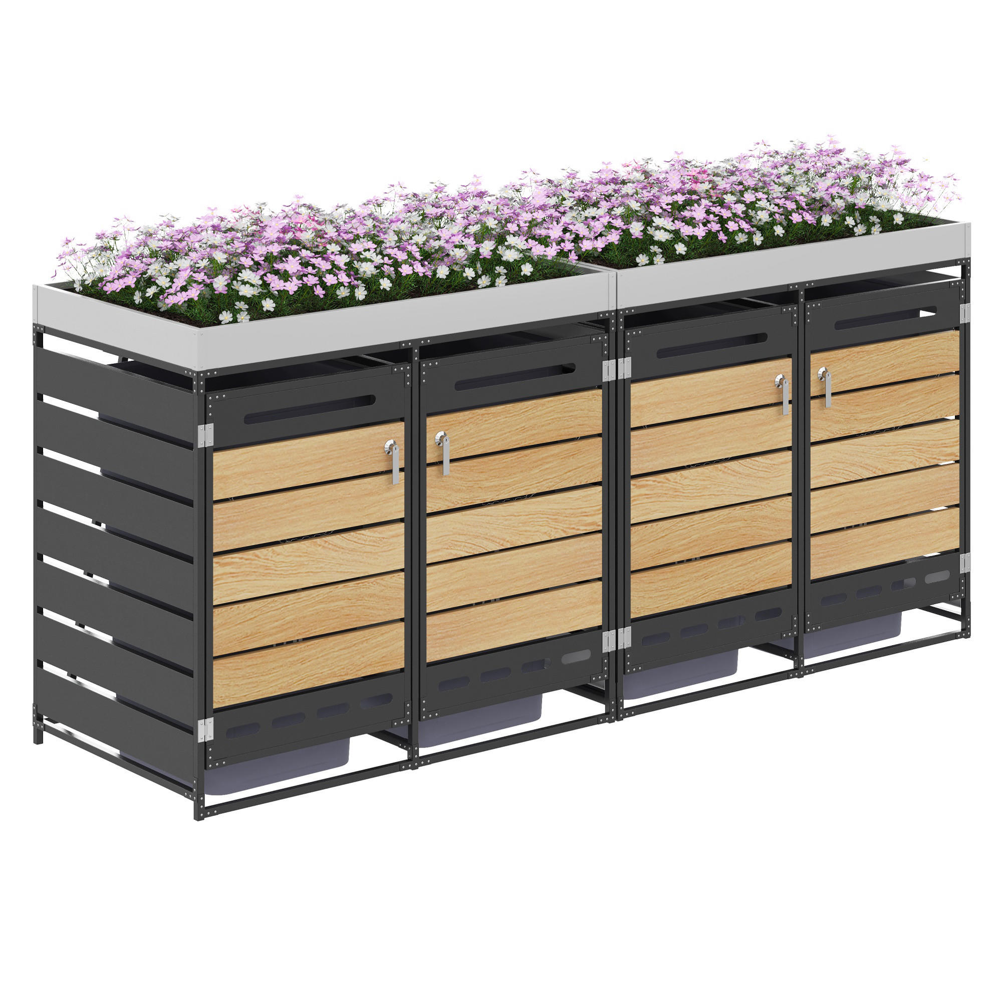 MÜLLTONNENBOX Pflanzdach Holzoptik abschließbar Belüftung - Schwarz, Metall (79/120/262cm) - FLIEKS