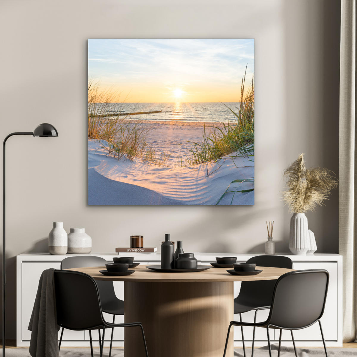 METALLBILD Strand - Sonne - Düne - Gras - Sand - Horizont 90x90 cm - Hellblau, Metall (90/90cm) - MuchoWow