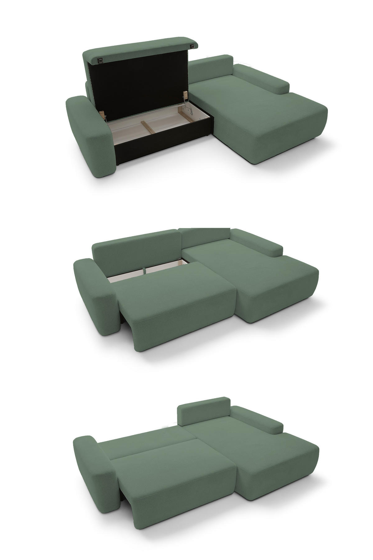 ECKSOFA BOULI 4-Sitzer Polstersofa Raven mit Schlaffunktion 130x210 cm Bettzeugablage 264x162x82 cm rechte, Farbe: Grün​ - Grün, Holz/Textil (264/162cm) - DomoHome