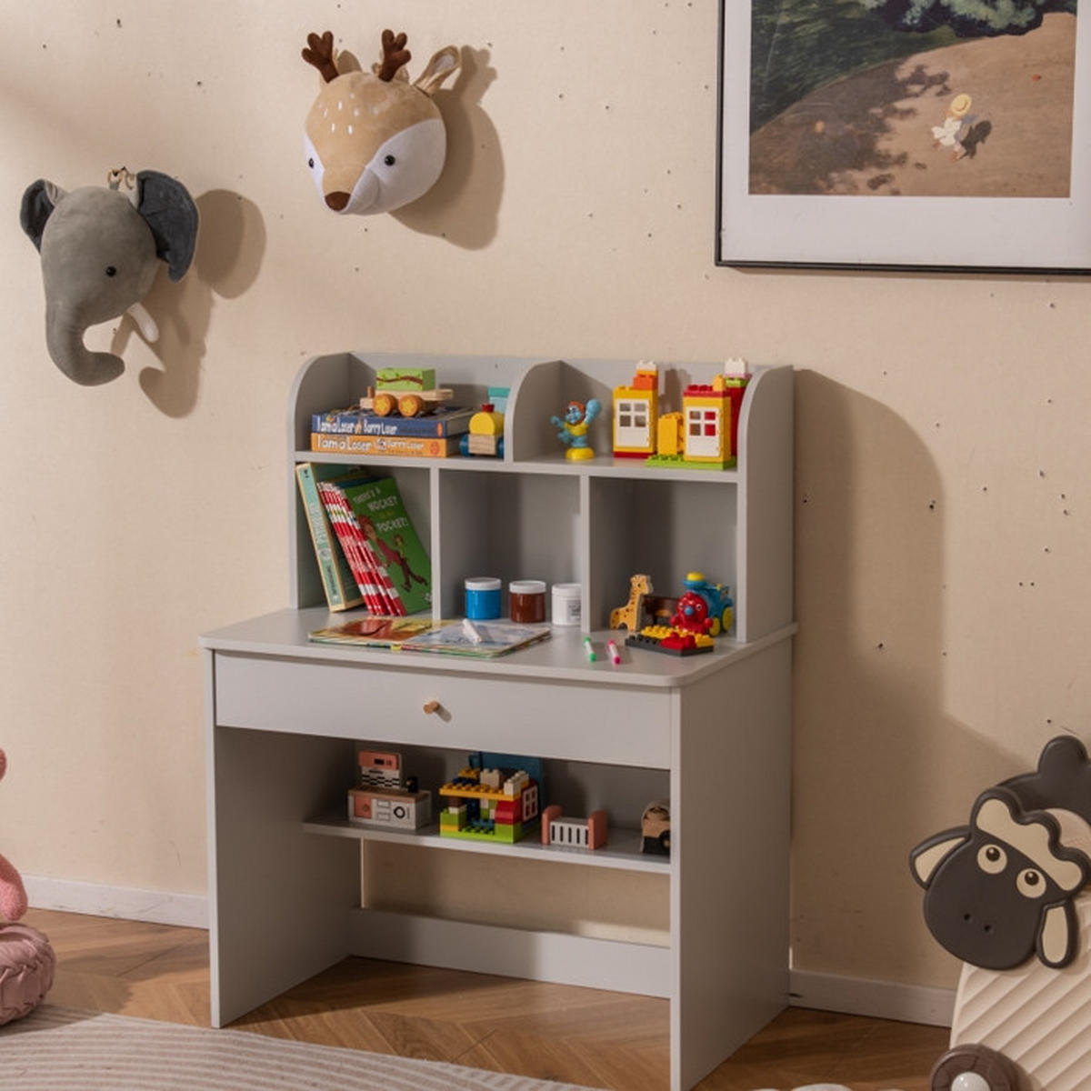 KINDERSCHREIBTISCH aus Holz grau - Grau, Holzwerkstoff (80/102/48cm) - COSTWAY