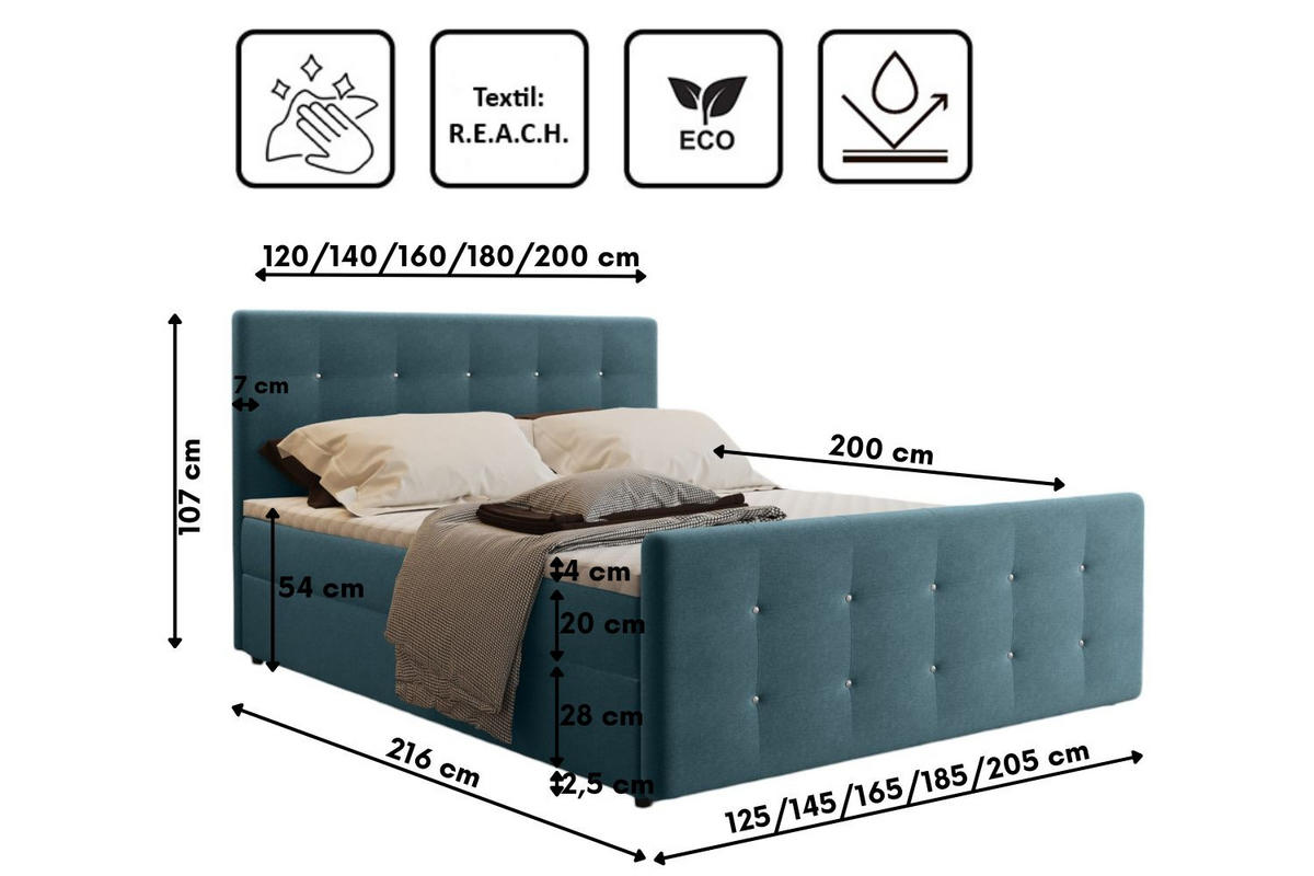 BOXBETT Mit Bettkasten Matratze Topper AMOR Türkis 180x200 cm H3-Bonell - Türkis, Holz/Textil (180/200cm) - Kaiser Möbel