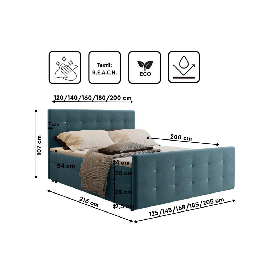 Thumbnail - Kaiser Möbel Boxbett, Türkis, Textil, 2 Schubladen, H2, 7-Zonen, Höhe ca. 20 cm, Rechteckig, 140x200 cm, Schlafzimmer, B...