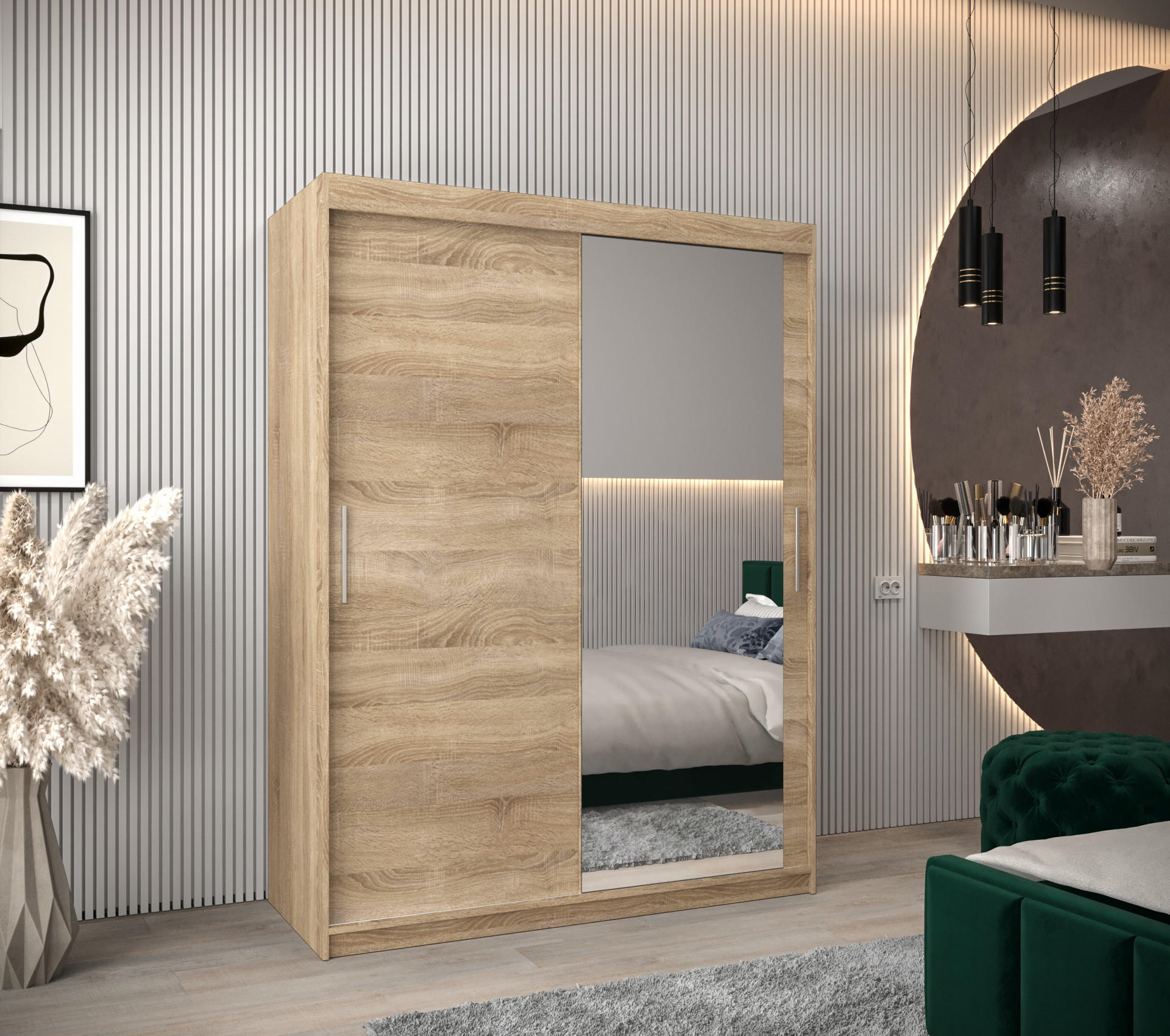 SCHWEBETÜRENSCHRANK 200/150/62 2-türig - Silberfarben/Sonoma Eiche, Holz/Kunststoff (150/200/62cm) - Abiks Möbel