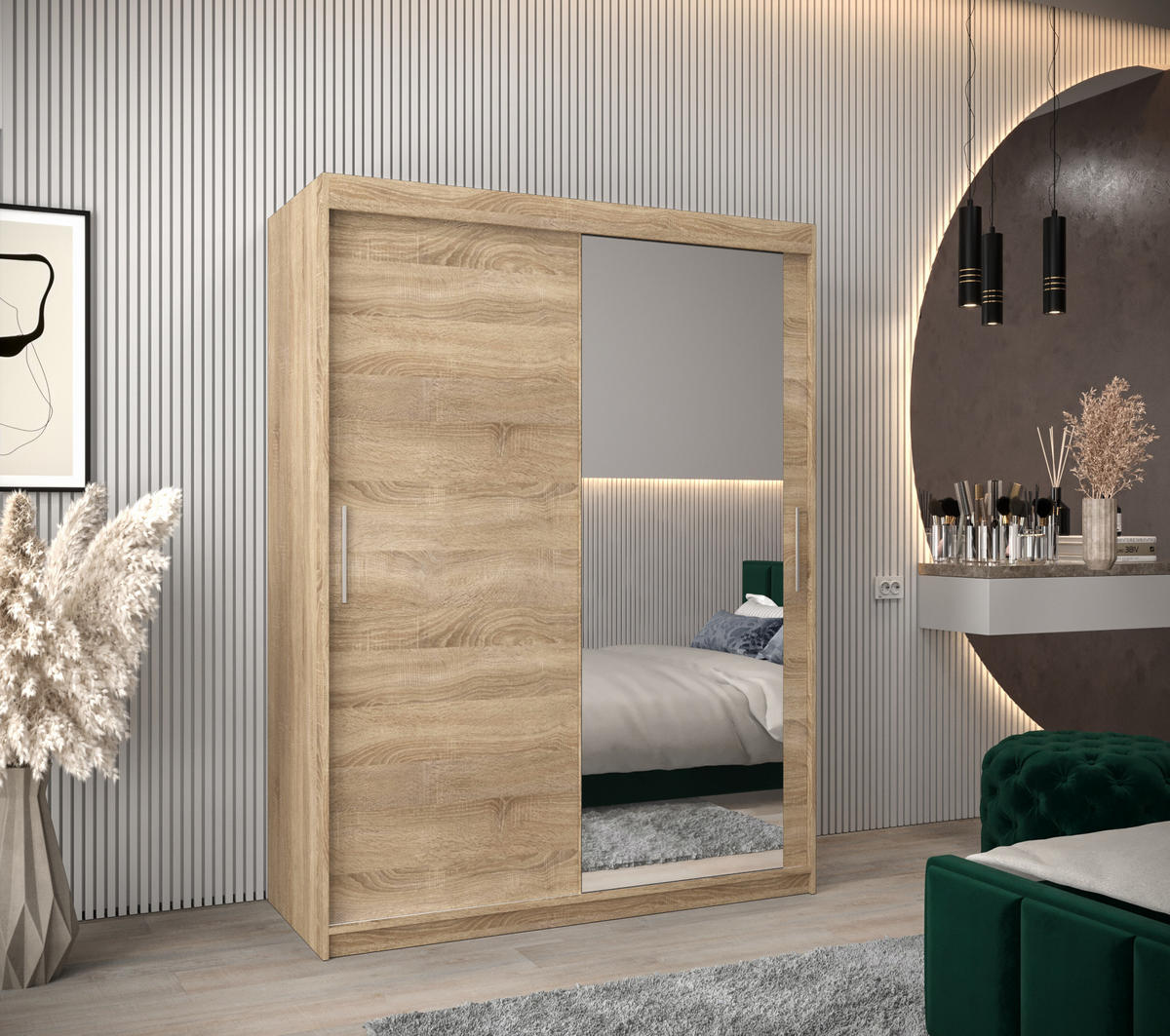 SCHWEBETÜRENSCHRANK 200/150/62 2-türig - Silberfarben/Sonoma Eiche, Holz/Kunststoff (150/200/62cm) - Abiks Möbel