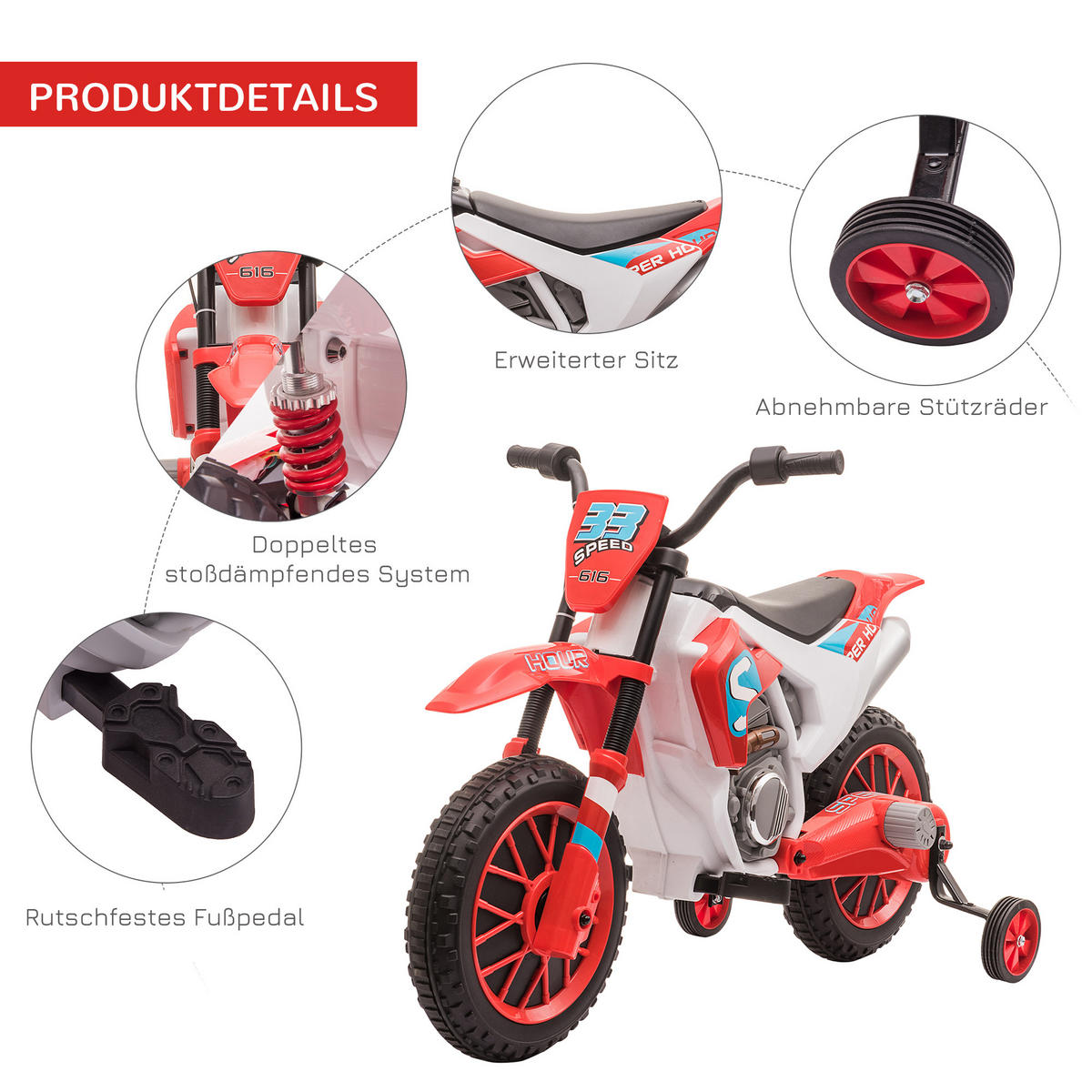 ELEKTRO KINDERMOTORRAD, Blau/Grün/ Rot, PP+ Metall - Rot, Kunststoff (106.5/51.5/68cm) - HOMCOM