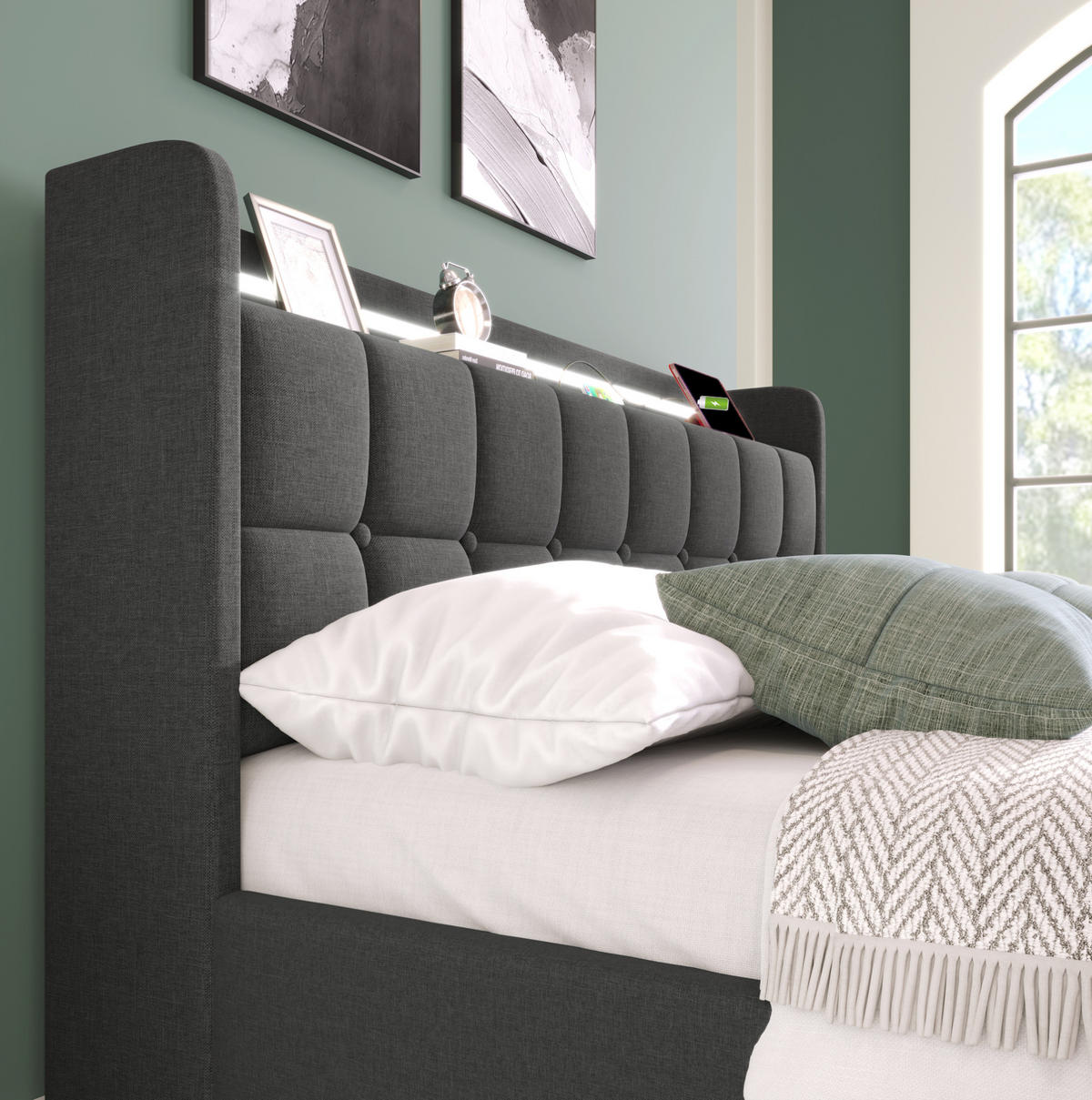 POLSTERBETT 90/200 cm Grau aus Holz mit LED-Beleuchtung - Grau, Holz (90/200cm) - OKMYHOME