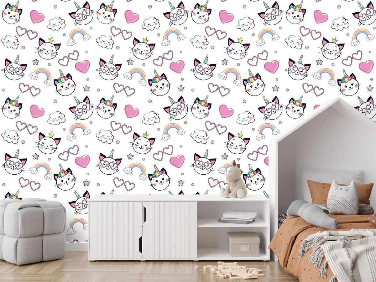 VLIESTAPETE Katzen, Regenbogen und Herzen – Rosa, Schwarz, Weiß – 50x1000 cm - Schwarz/Rosa, Papier (50/1000cm) - Muralo