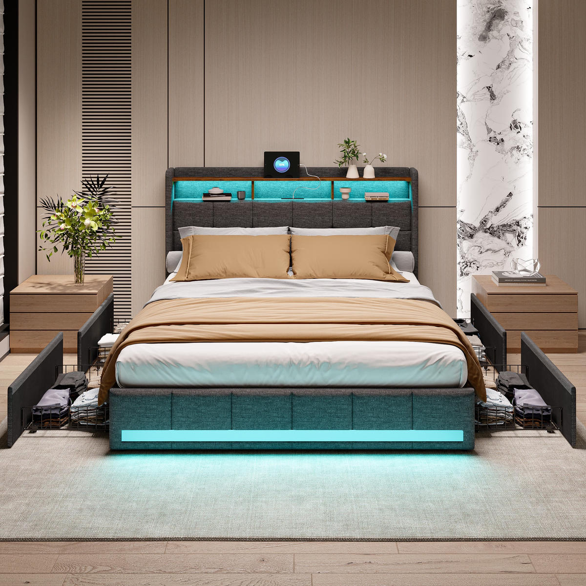 POLSTERBETT 140/200cm, mit 4 Schubladen, LED, USB-Anschluss, aus Leinen, grau - Grau, Textil (140/200cm) - Waldena