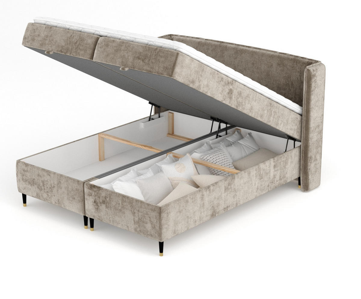 BOXBETT Monpelli Beige 140/200 cm mit Matratze und Topper - Beige/Schwarz, Holz/Holzwerkstoff (140/200cm) - Maison de Reve