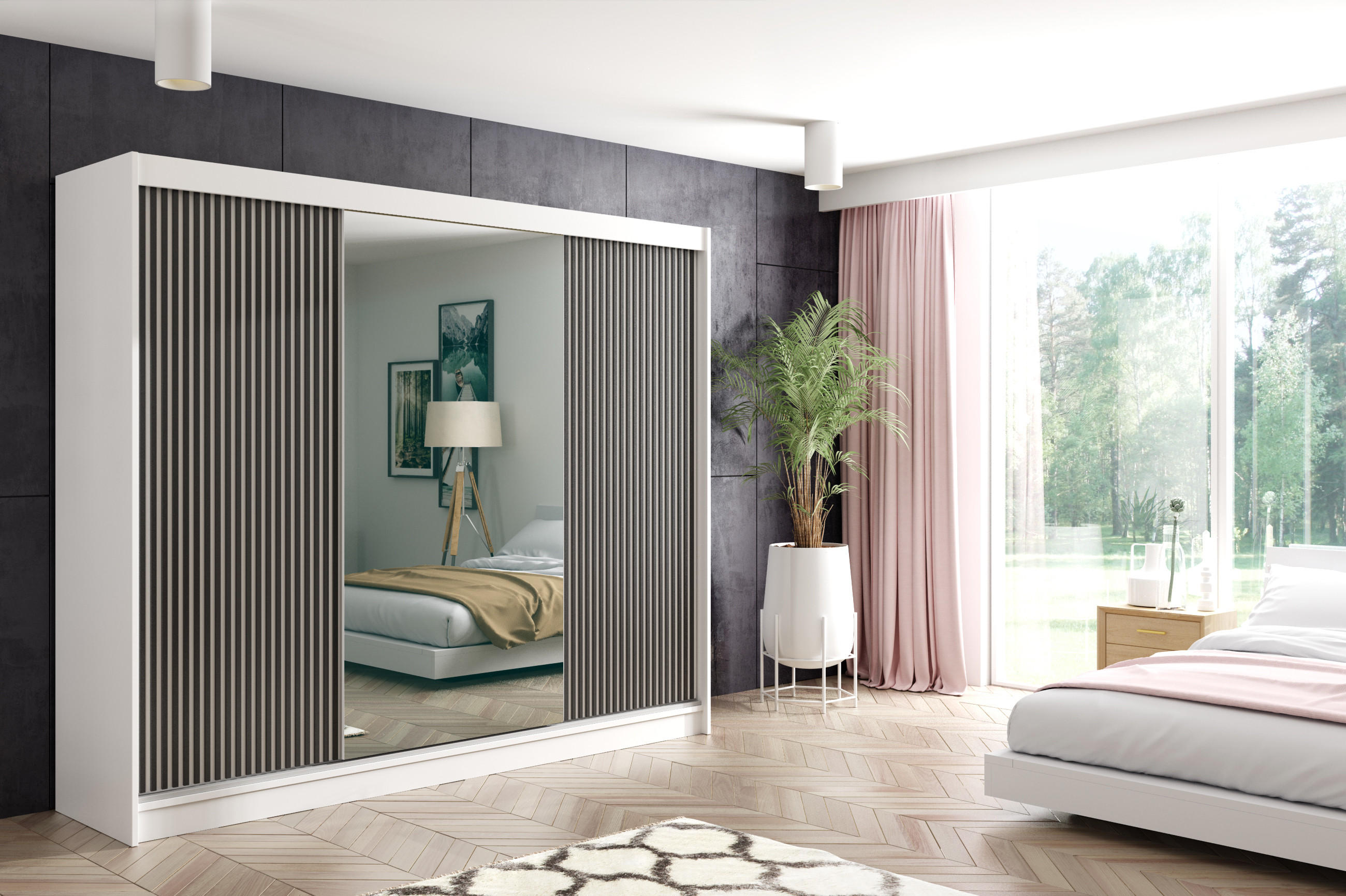 KLEIDERSCHRANK VILAN mit Spiegel - 250 cm - Weiß|Schwarz - Schwarz/Weiß, Holzwerkstoff (250/215/61cm) - ALTDECOR