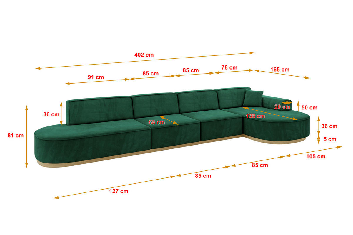 ECKSOFA Ottomane Rechts MARI-L3-v2 - 413x171x83 cm Grün Velours - Grün, Holzwerkstoff/Textil (171/413cm) - ALTDECOR