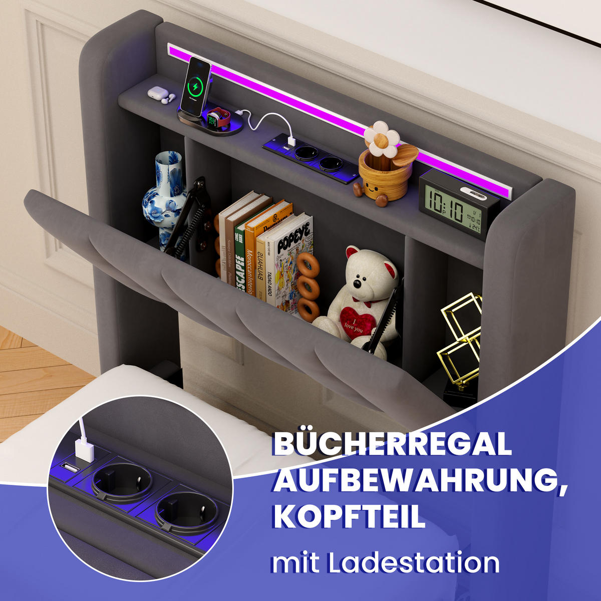 POLSTERBETT 90/200 cm Grau mit LED-Lichtleiste und USB-Anschlüssen - Grau, Holzwerkstoff (90/200cm) - OKWISH