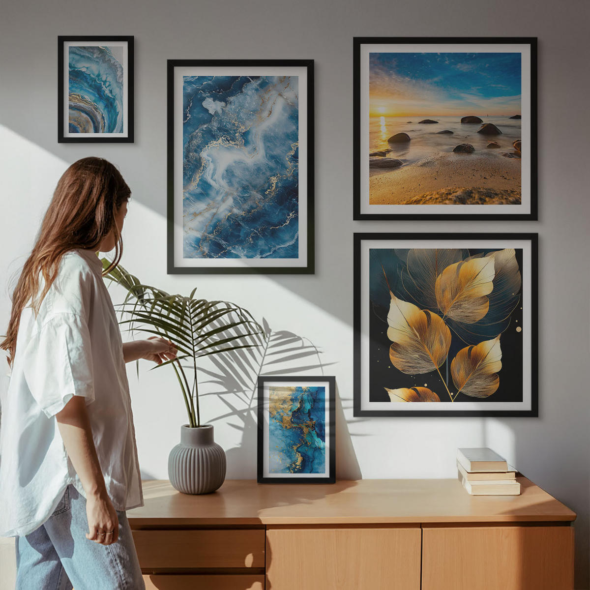 WANDBILDER 5er-Set - 50x50 cm & 20x30 cm & 40x60 cm Schwarzer Rahmen - Porträt einer Frau, Auge, Farben, Emotionen - Schwarz, Kunststoff (40/60cm) - ArtPrintCave