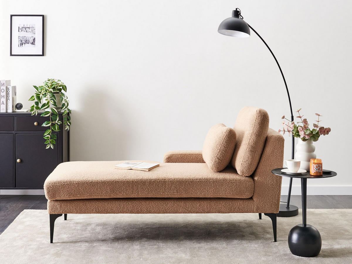 ČALOUNĚNÉ LEHÁTKO CHAISE LONGUE PRAVOSTRANNÉ Bouclé Pískově béžové Ewron - černá/písková barva, textil (150/70/72cm) - Beliani