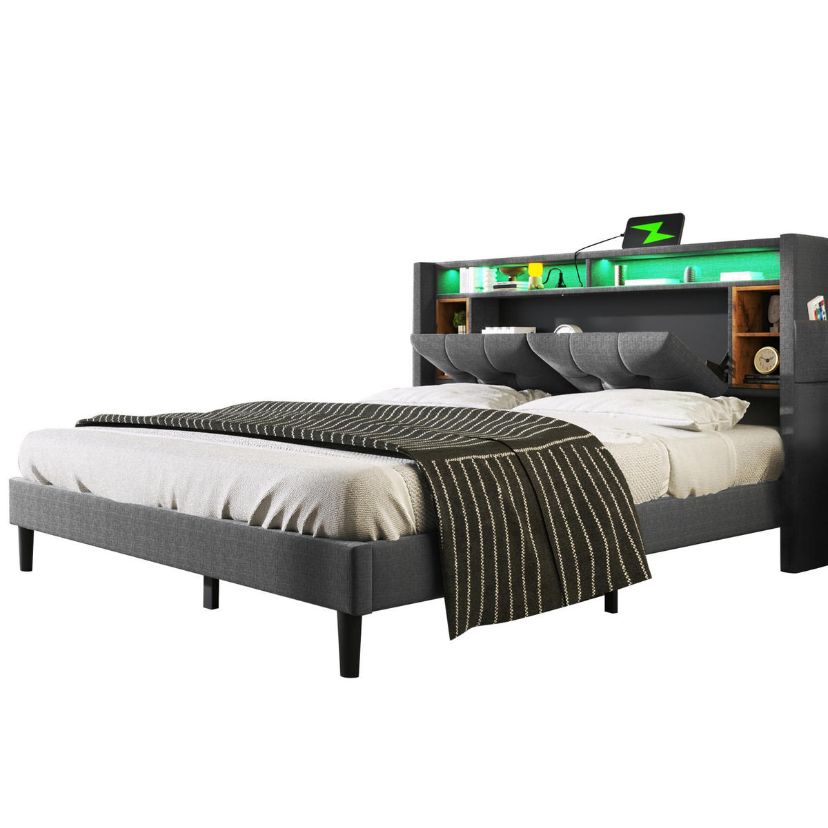POLSTERBETT 160x200 cm in Grau mit Stauraum-Kopfteil, LED und USB-Ladestation - Grau, Holz (160/200cm) - IVMEU