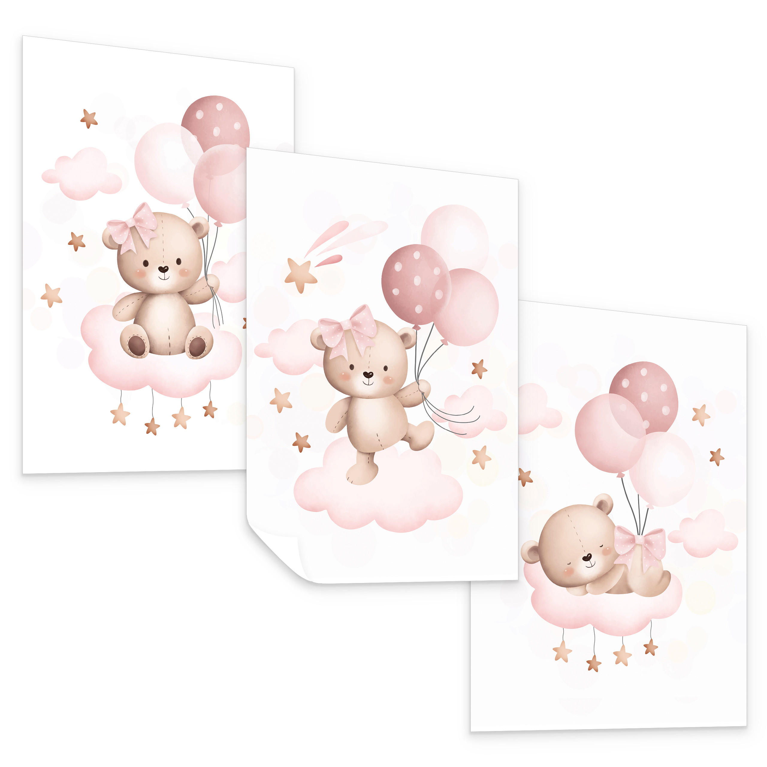 SADA PLAGÁTOV Do Detskej Izby Mackovia Balóny Oblaky A3 30 x 42 cm - biela/ružová, papier (30/42/1cm) - Muralo
