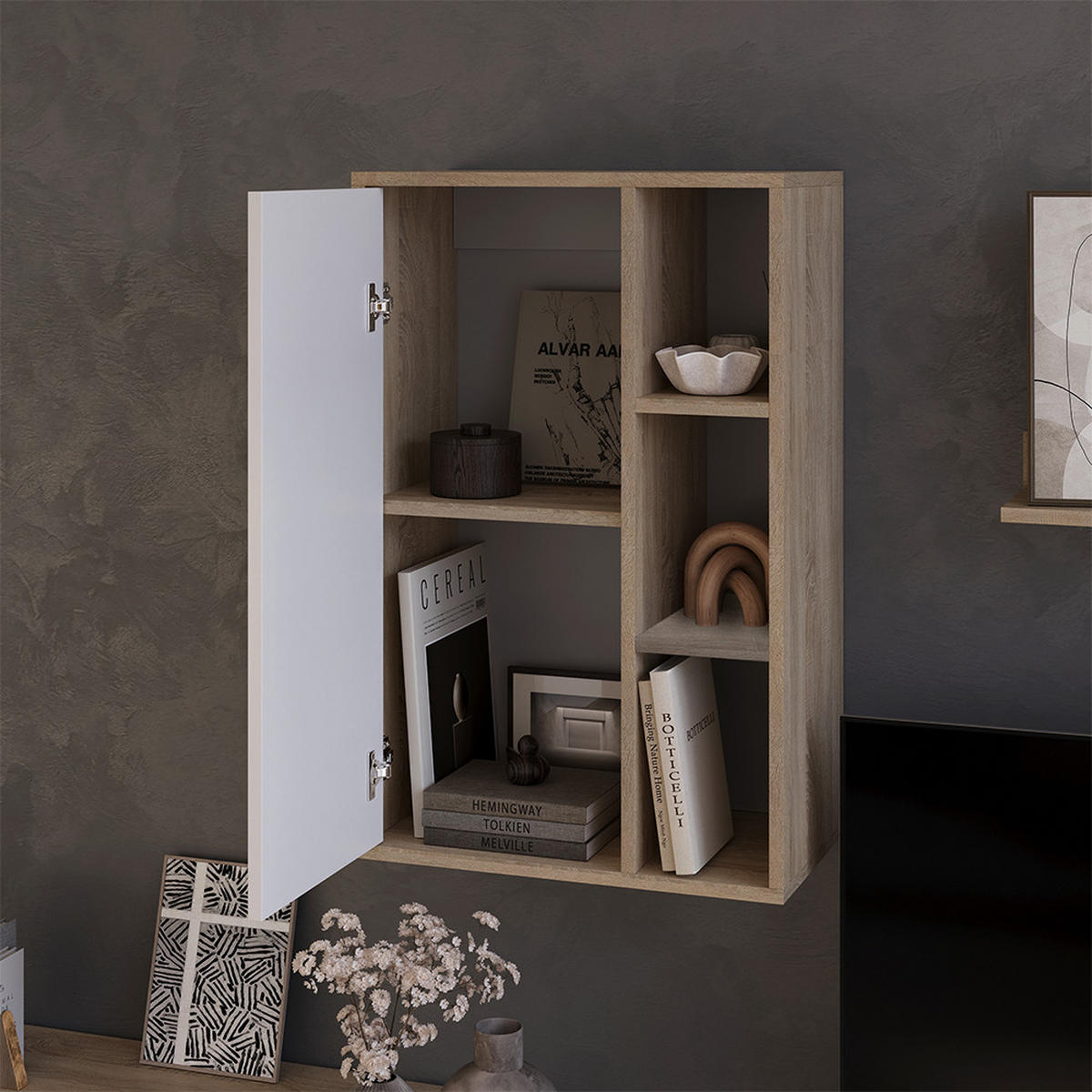 STĚNOVÁ POLICE Berno Sonoma/bílá - bílá/Sonoma dub, kompozitní dřevo (50.1/78.4/28.3cm) - Vicco