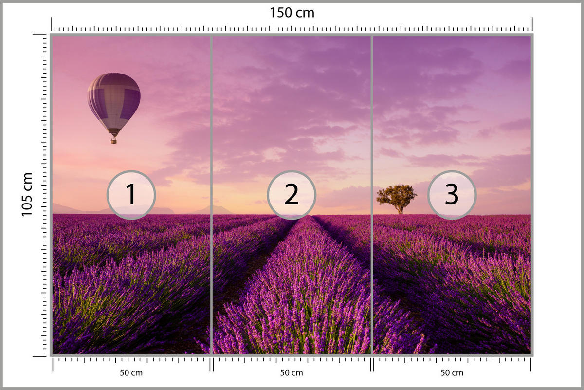 FOTOTAPETA Pre Obývaciu Izbu Levanduľové Pole Teplovzdušný Balón Provensálsko 150 x 105 cm - lila/ružová, papier (150/105cm) - Muralo