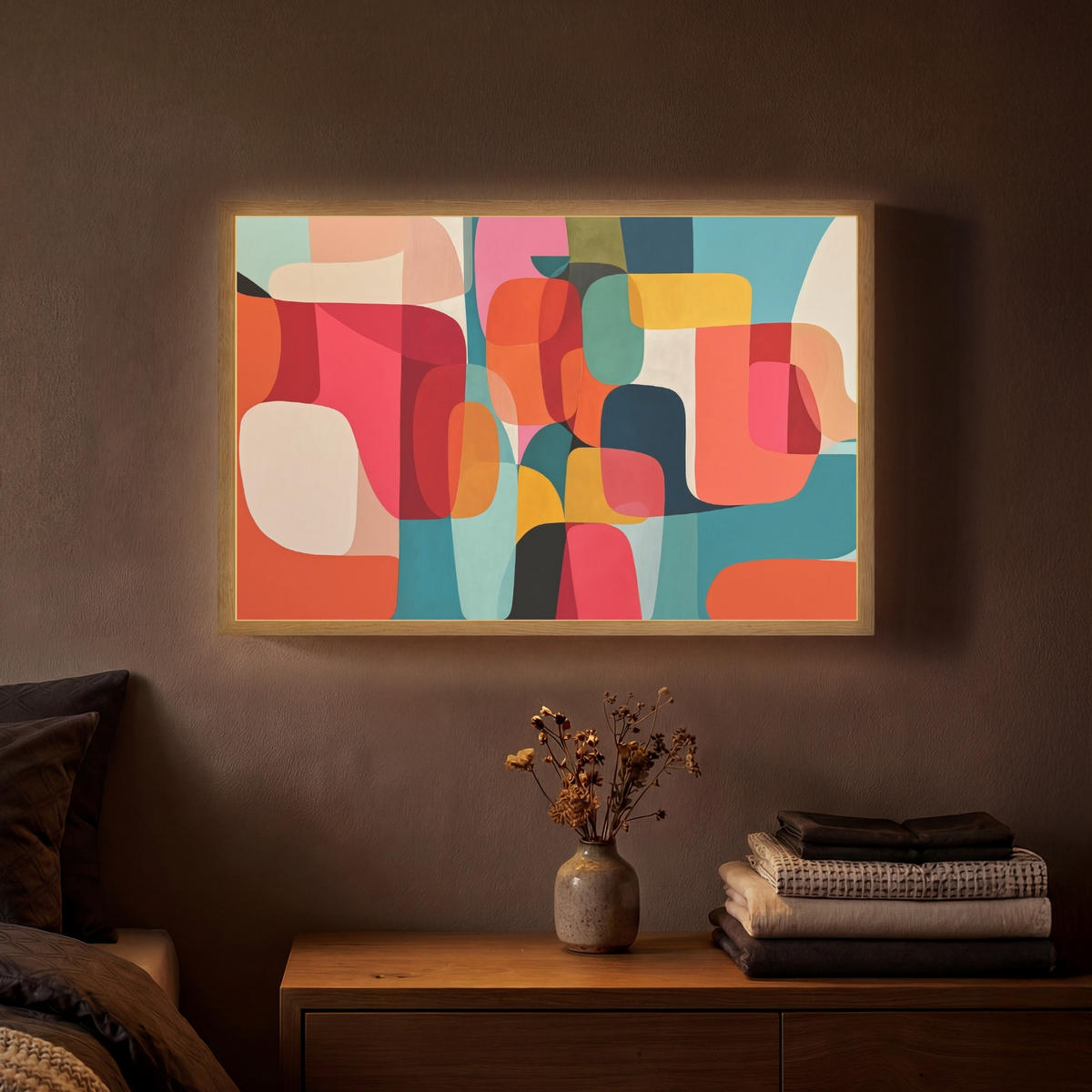 NÁSTĚNNÁ LAMPA S AKUMULÁTOREM Tvary - barevné - abstraktní - letadla 60x40 cm - různobarevná, kompozitní dřevo (60/40/8cm) - OnlyWow